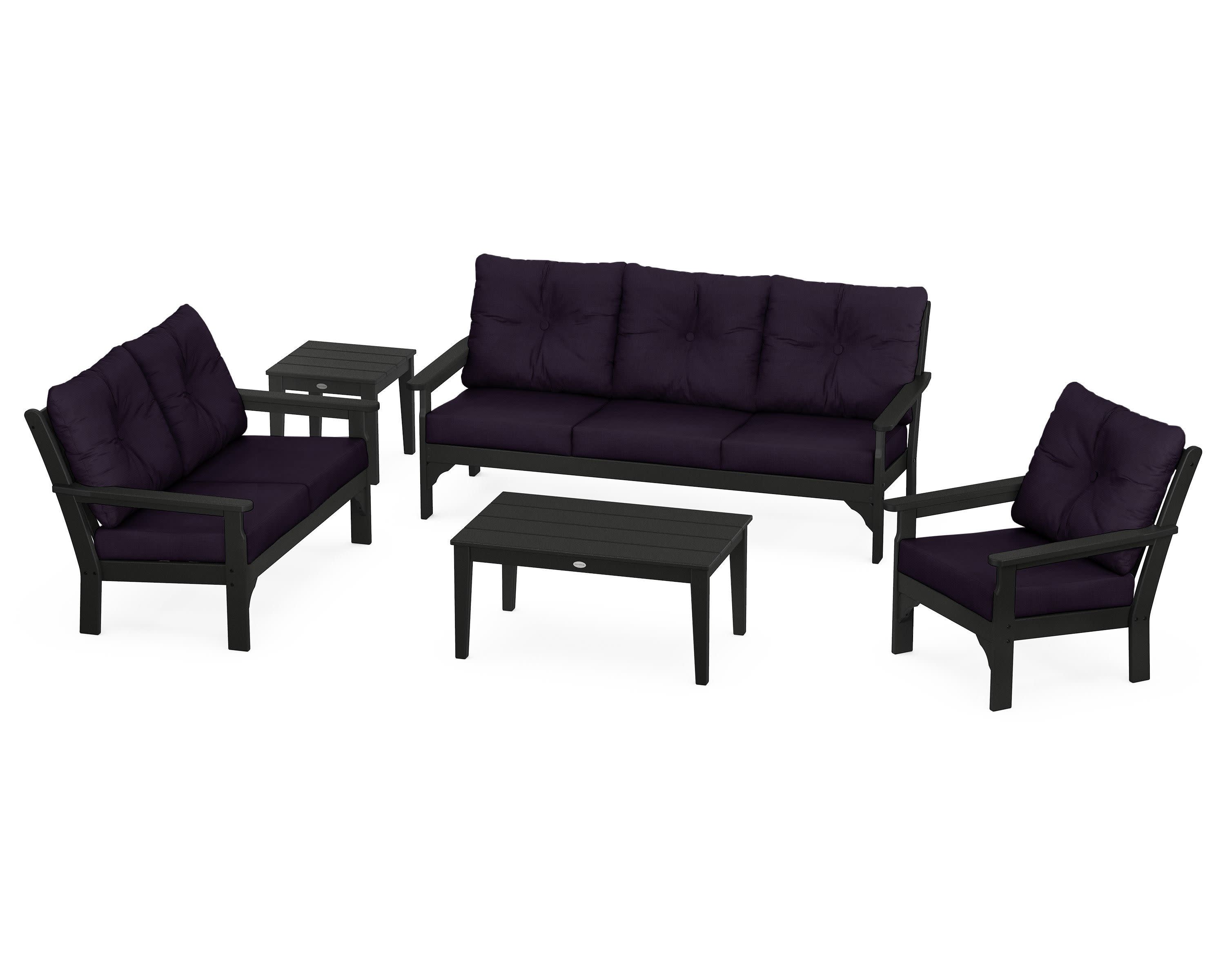 Vineyard 5 Piece Deep Seating Set in Black / Navy Linen