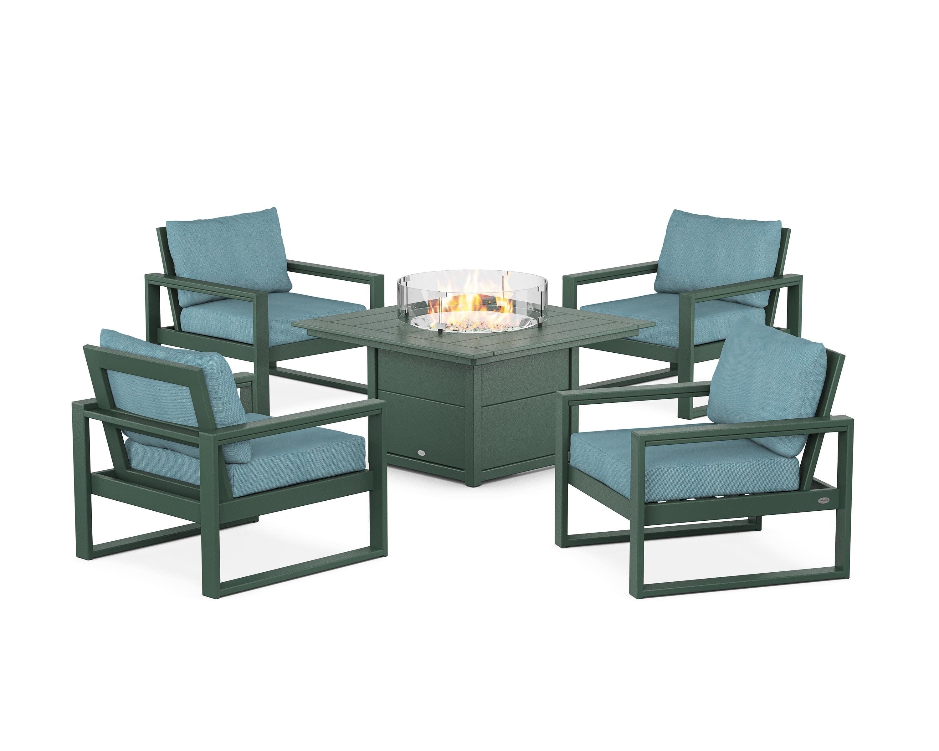 EDGE Sectional 5-Piece Deep Seating Set with Fire Pit Table in Green / Lattice Sky Blue