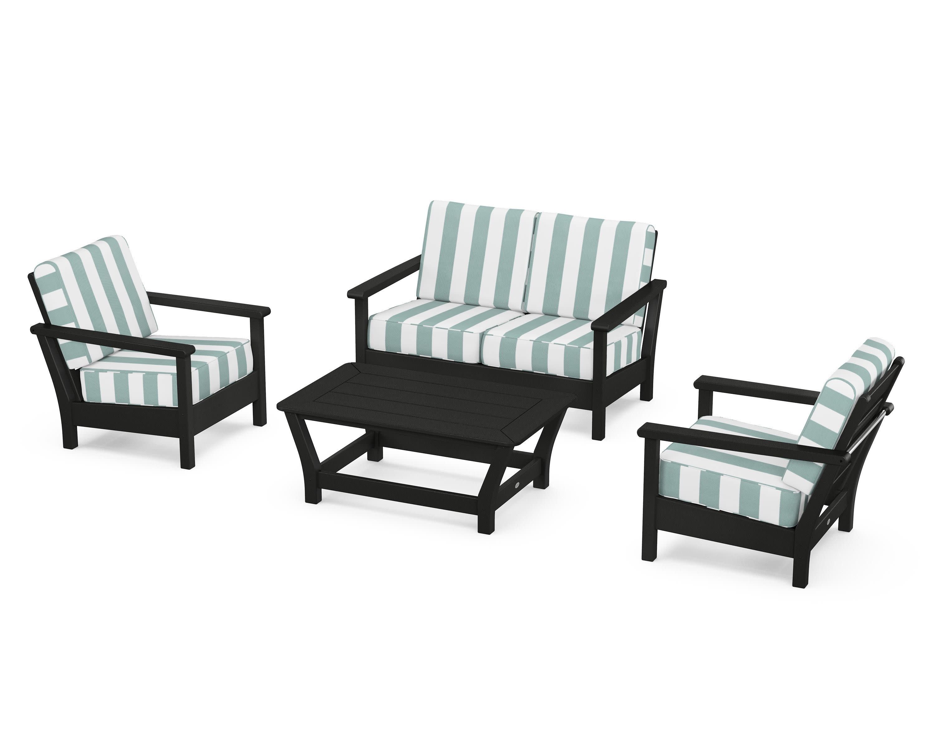 Harbour 4-Piece Deep Seating Set in Black / Cabana Stripe Glacier Spa