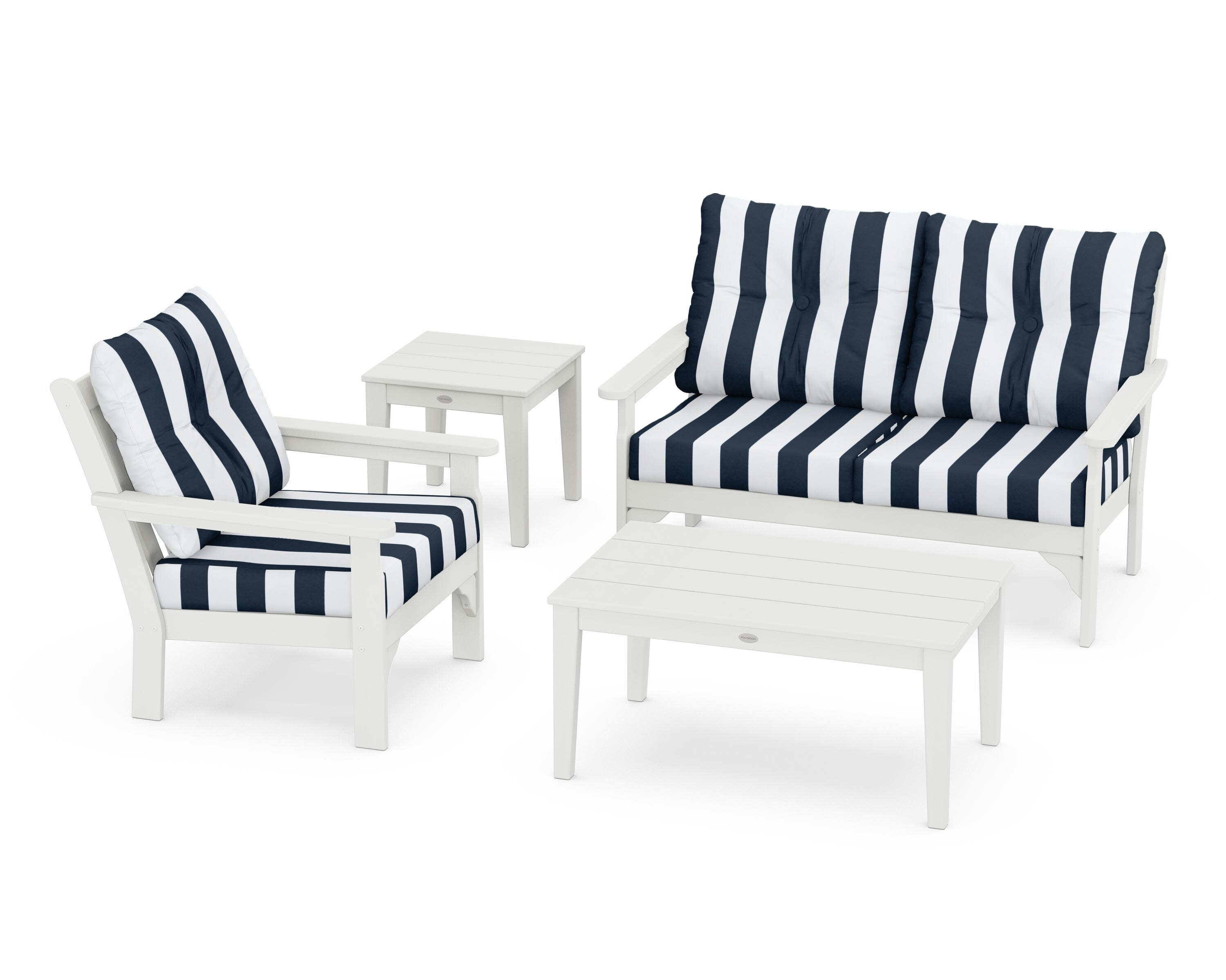 Vineyard 4-Piece Deep Seating Set in Vintage White / Cabana Stripe Marine Indigo