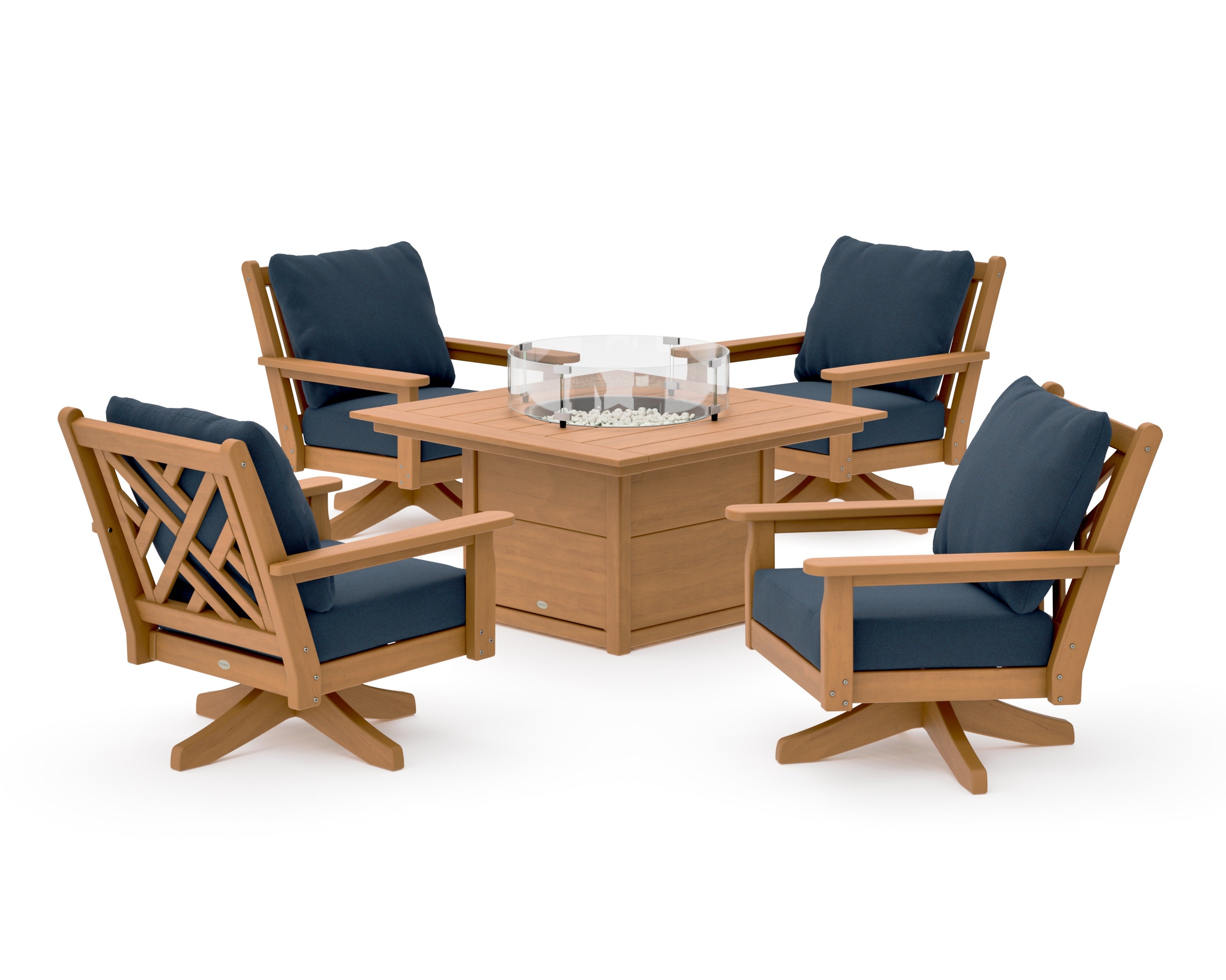 Chippendale 5-Piece Deep Seating Swivel Conversation Set with Fire Pit Table in Natural / Marine Indigo