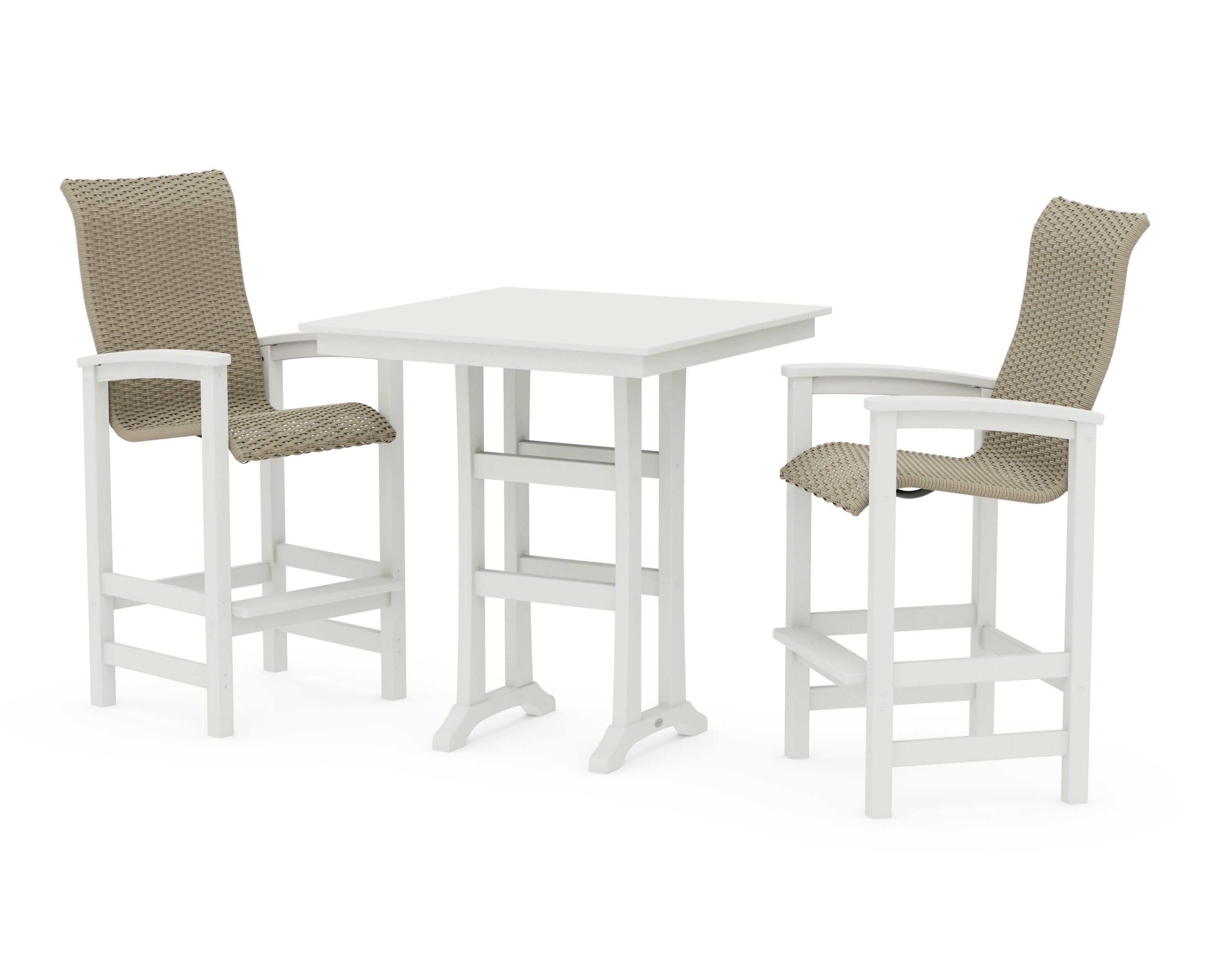 Coastal Woven High-Back 3-Piece Farmhouse Bar Set with Trestle Legs in White / Dune Grass