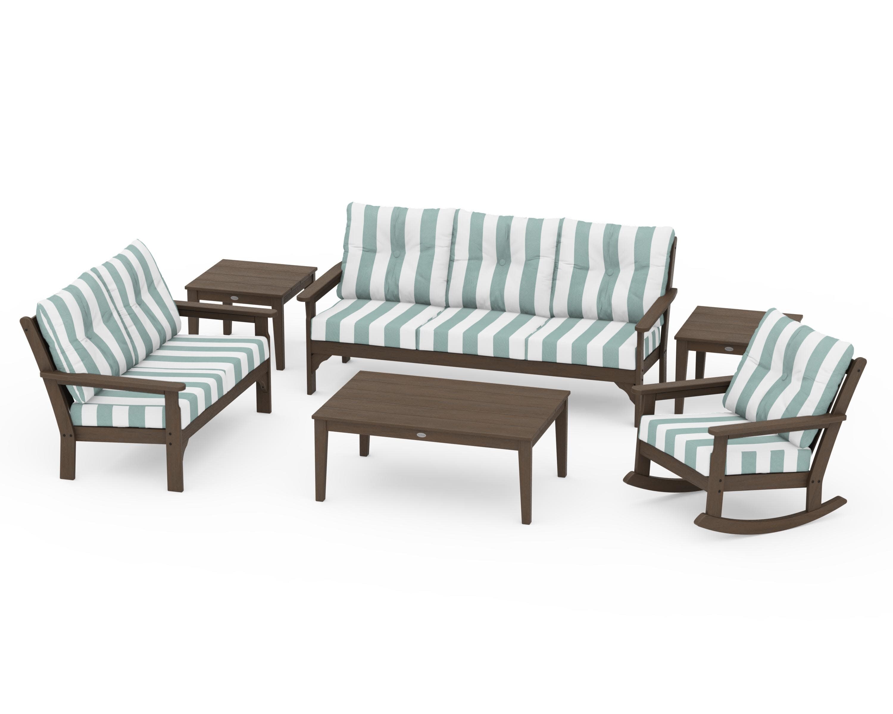 Vineyard 6-Piece Deep Seating Set in Kona / Cabana Stripe Glacier Spa