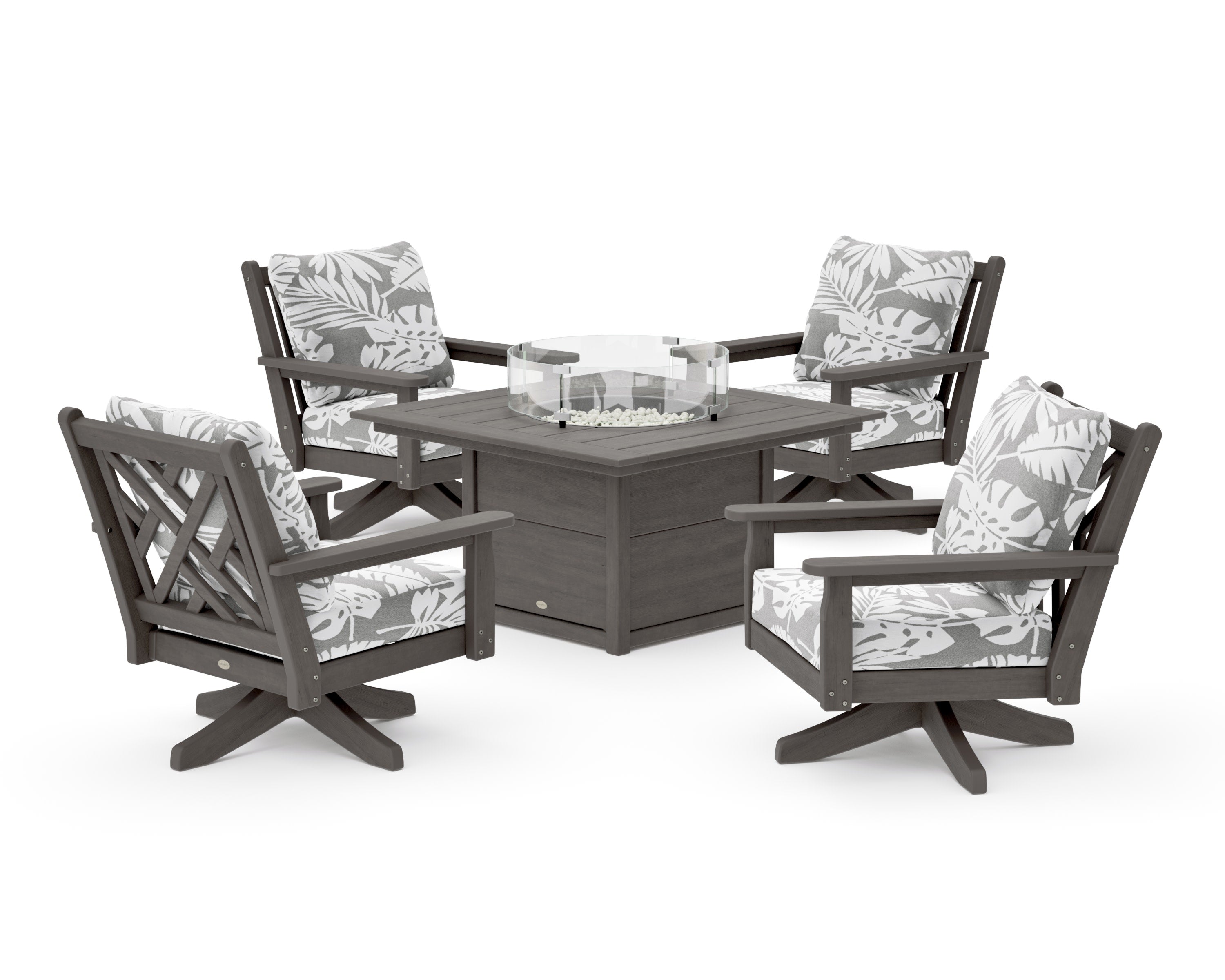 Chippendale 5-Piece Deep Seating Swivel Conversation Set with Fire Pit Table in Driftwood / Leaf Grey Mist