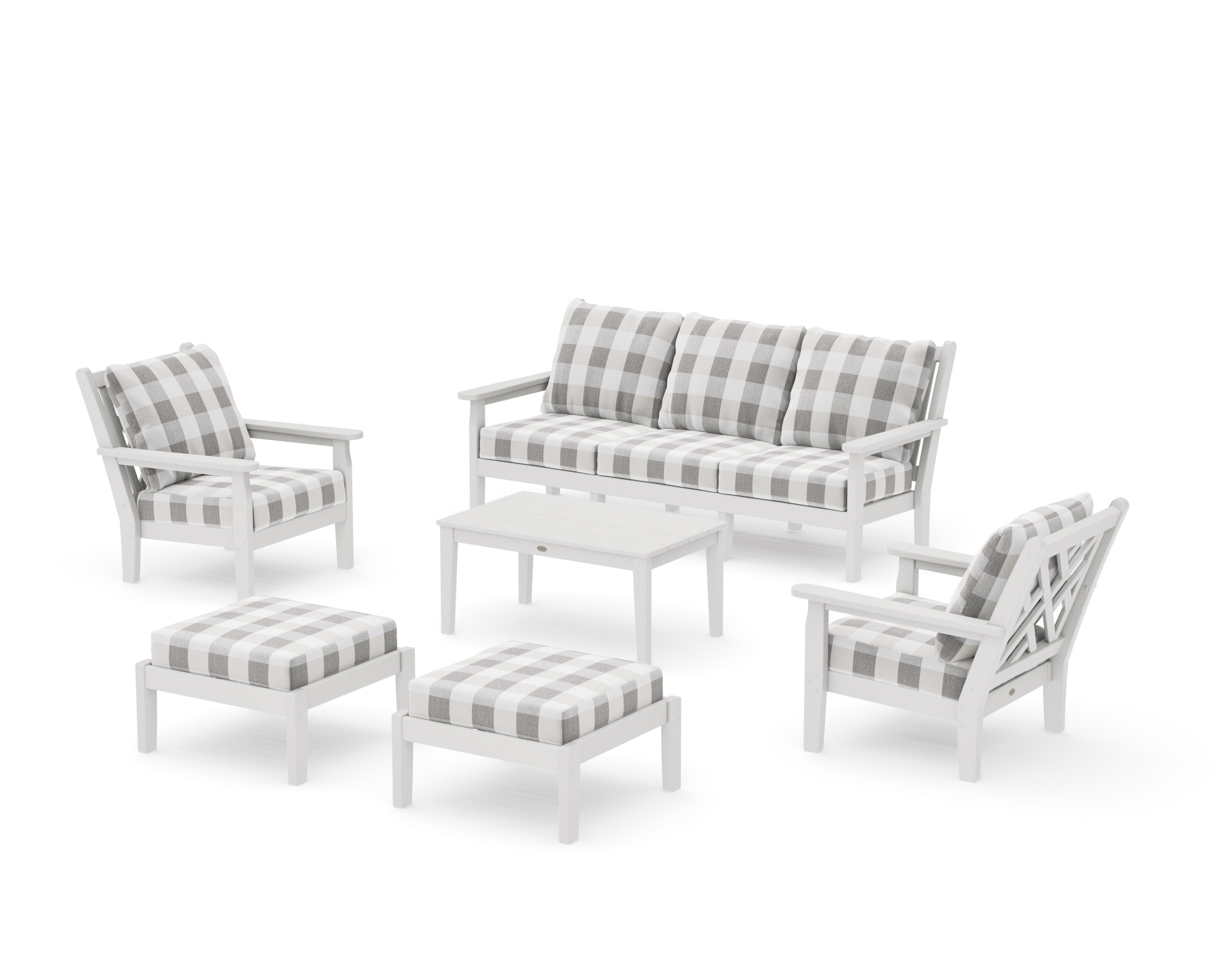 Chippendale 6-Piece Lounge Sofa Set in Vintage White / Buffalo Plaid Grey Mist