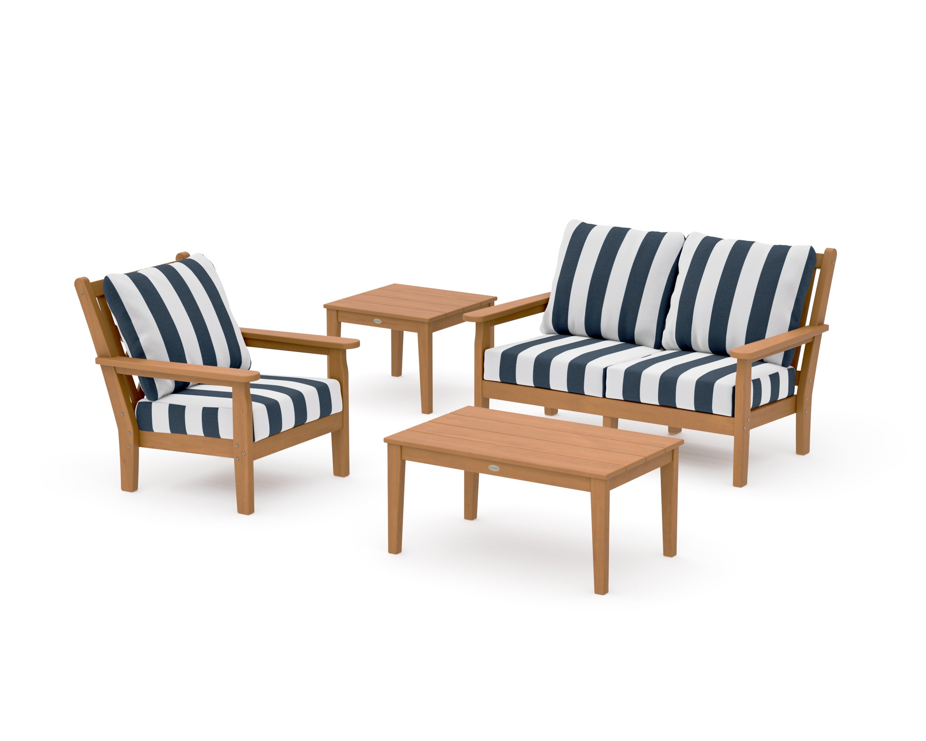 Chippendale 4-Piece Deep Seating Set in Natural / Cabana Stripe Marine Indigo