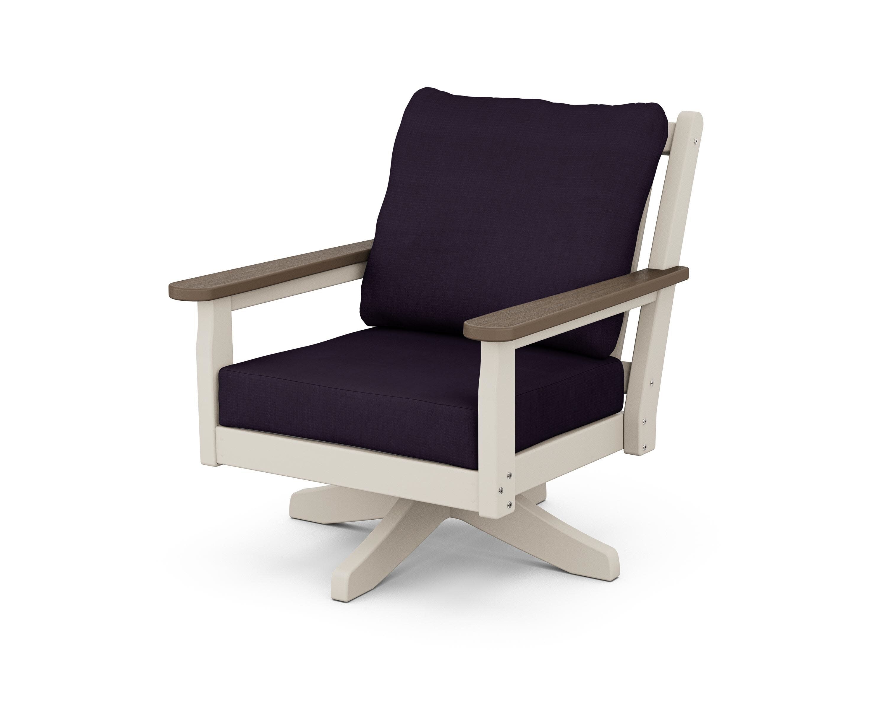 Chippendale Deep Seating Swivel Chair in Sand / Kona / Navy Linen