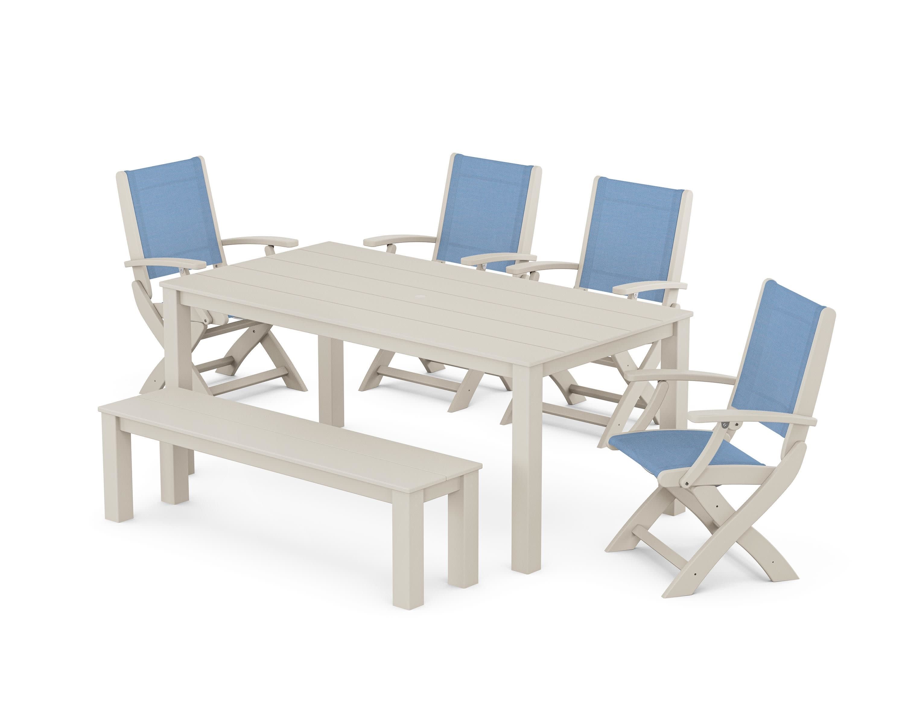 Coastal Folding Chair 6-Piece Parsons Dining Set with Bench in Sand / Poolside Sling
