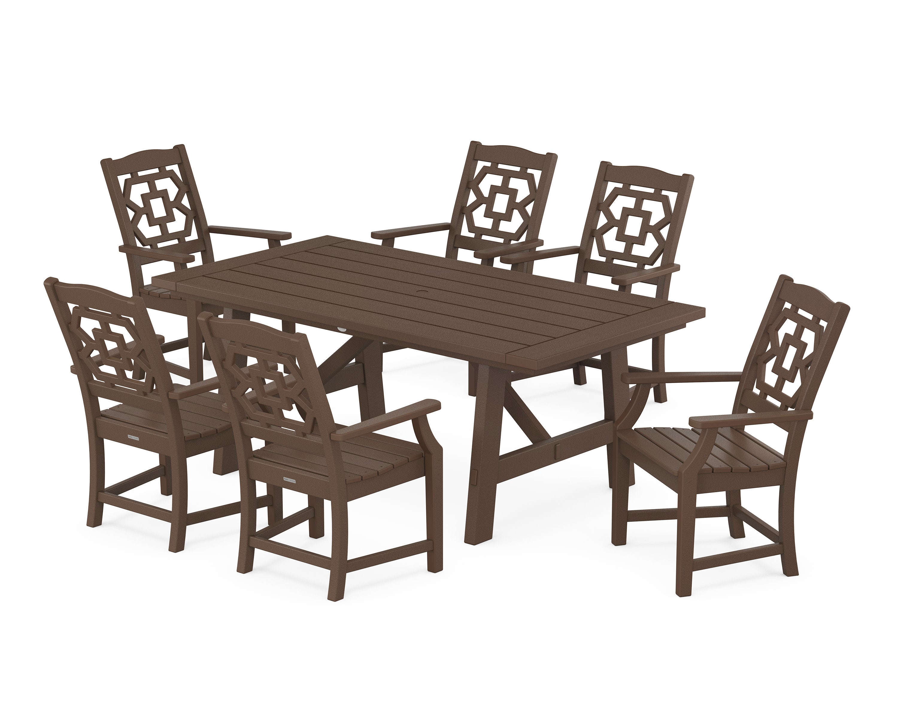 Chinoiserie Arm Chair 7-Piece Rustic Farmhouse Dining Set in Mahogany
