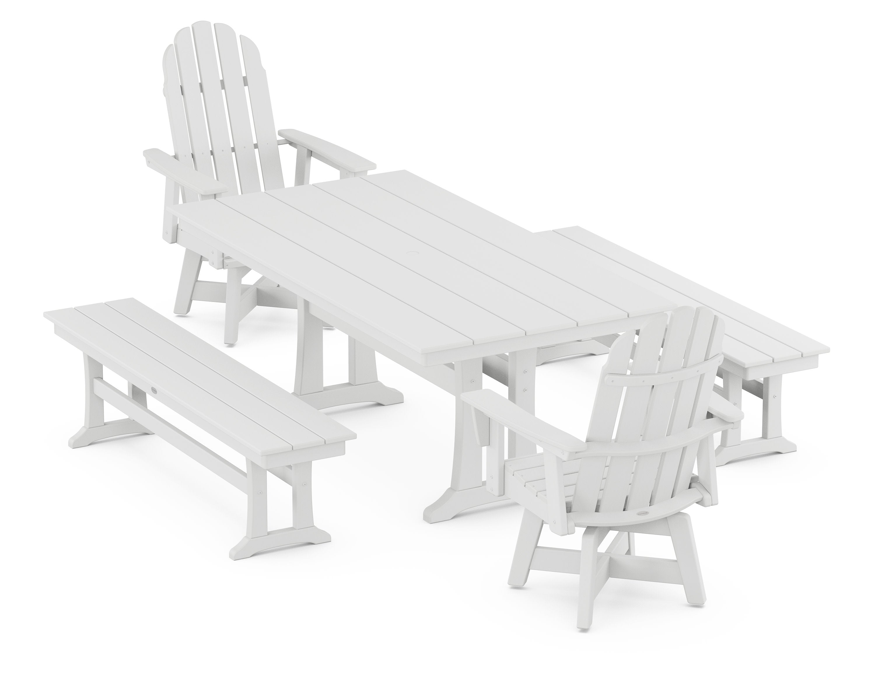 Vineyard Curveback Adirondack Swivel Chair 5-Piece Farmhouse Dining Set With Trestle Legs and Benches in White