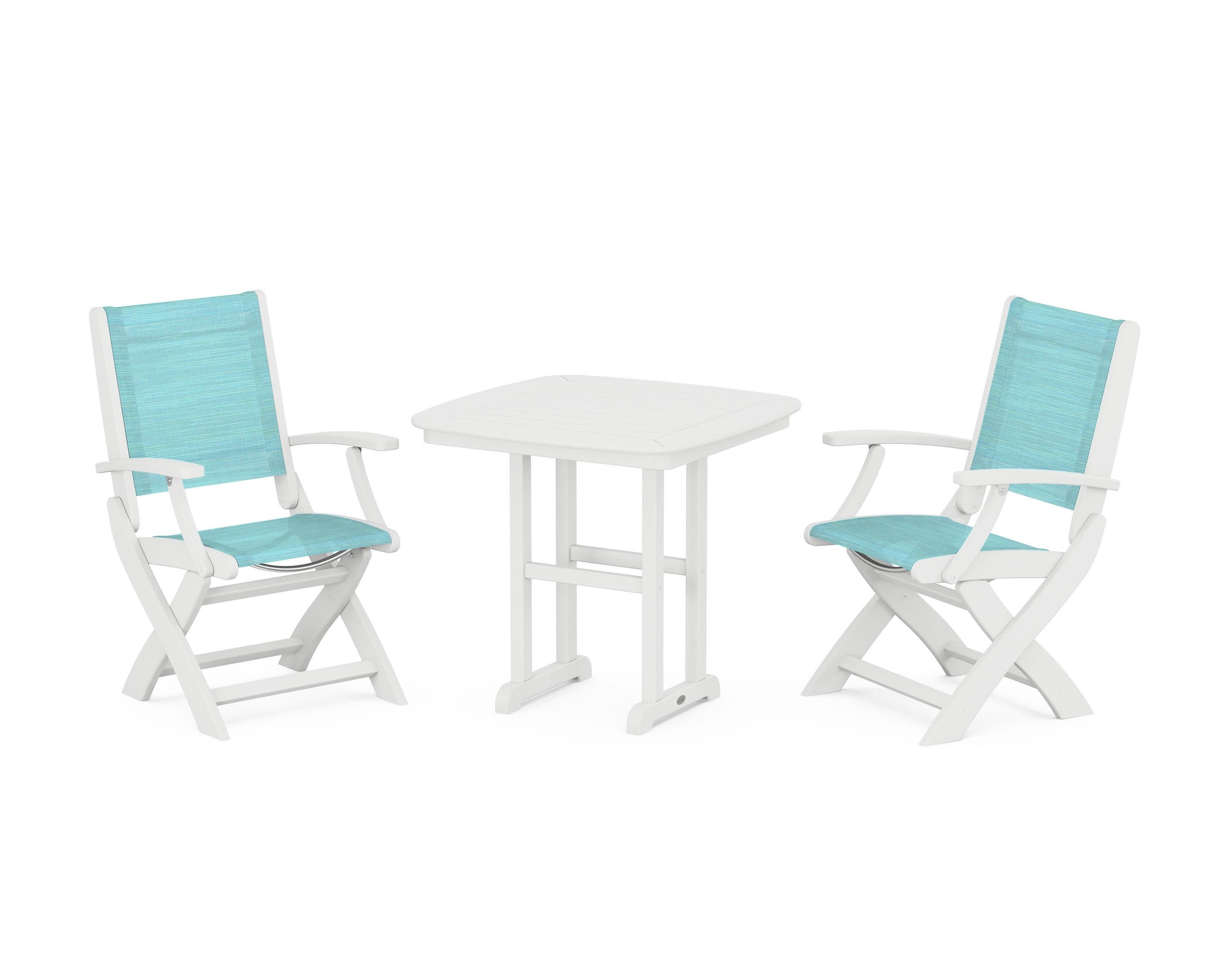 Coastal Folding Chair 3-Piece Dining Set in White / Dupioni Aquamarine Sling