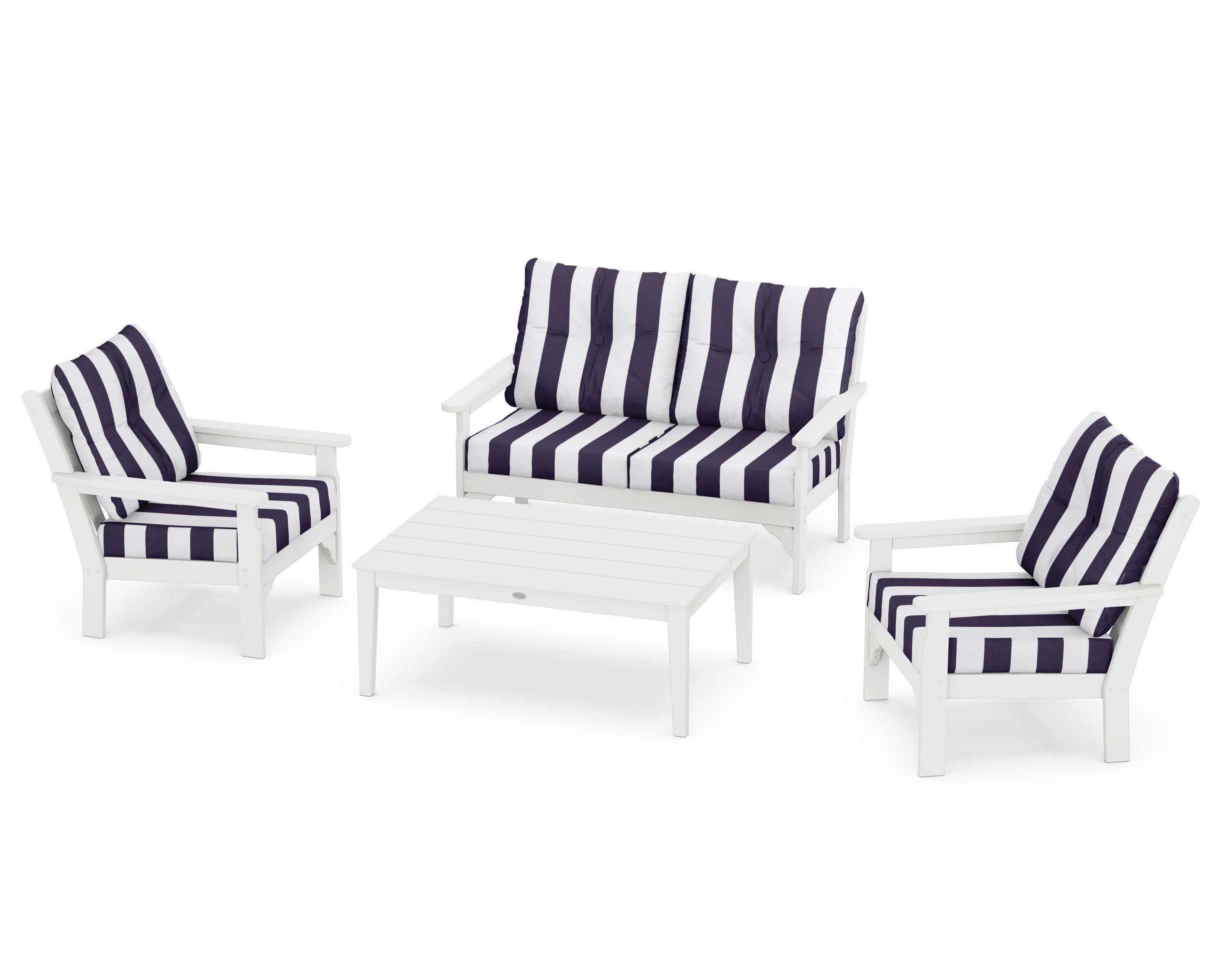 Vineyard 4-Piece Deep Seating Set in White / Cabana Stripe Navy
