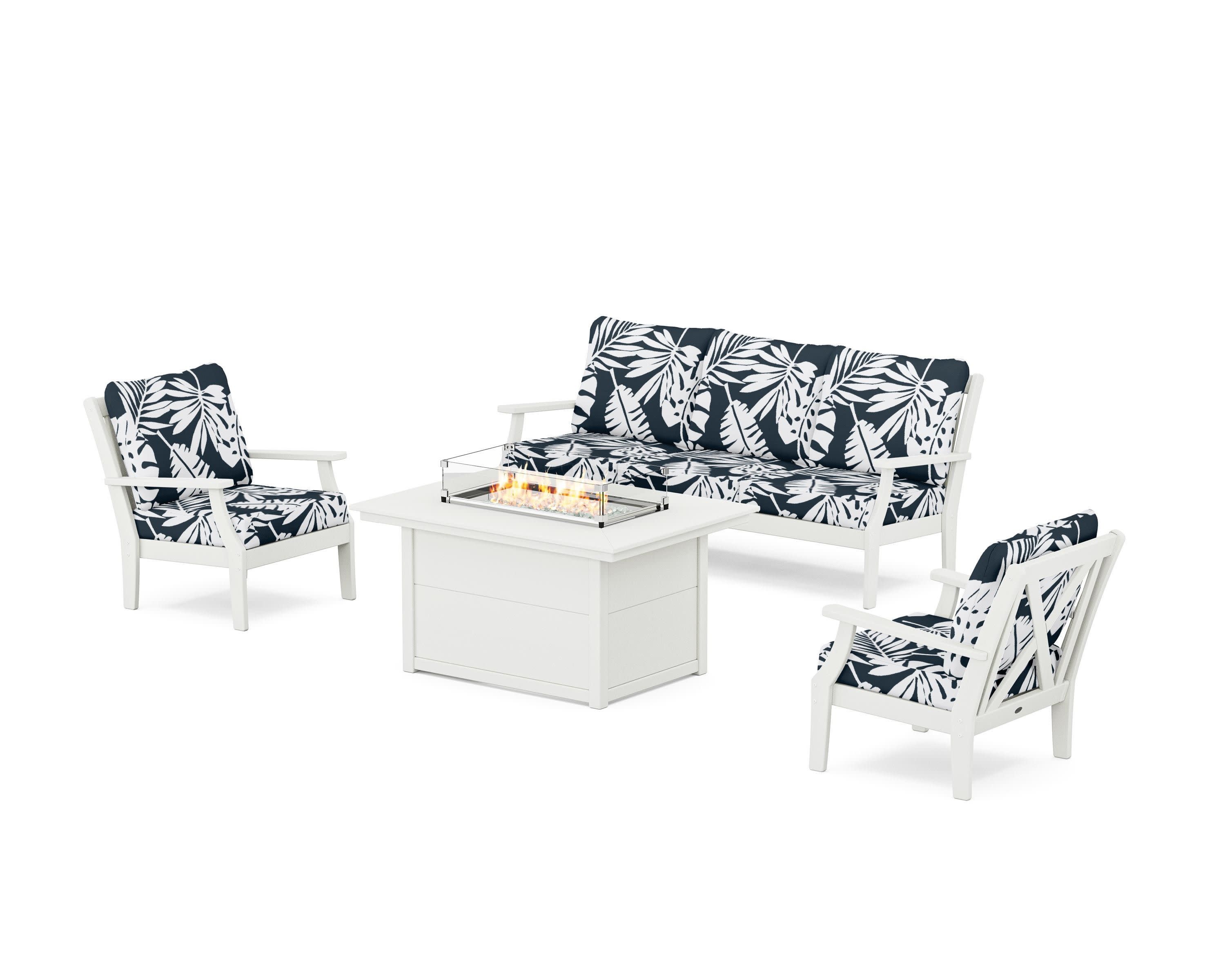 Braxton Deep Seating Fire Pit Table Set in Vintage White / Leaf Marine Indigo