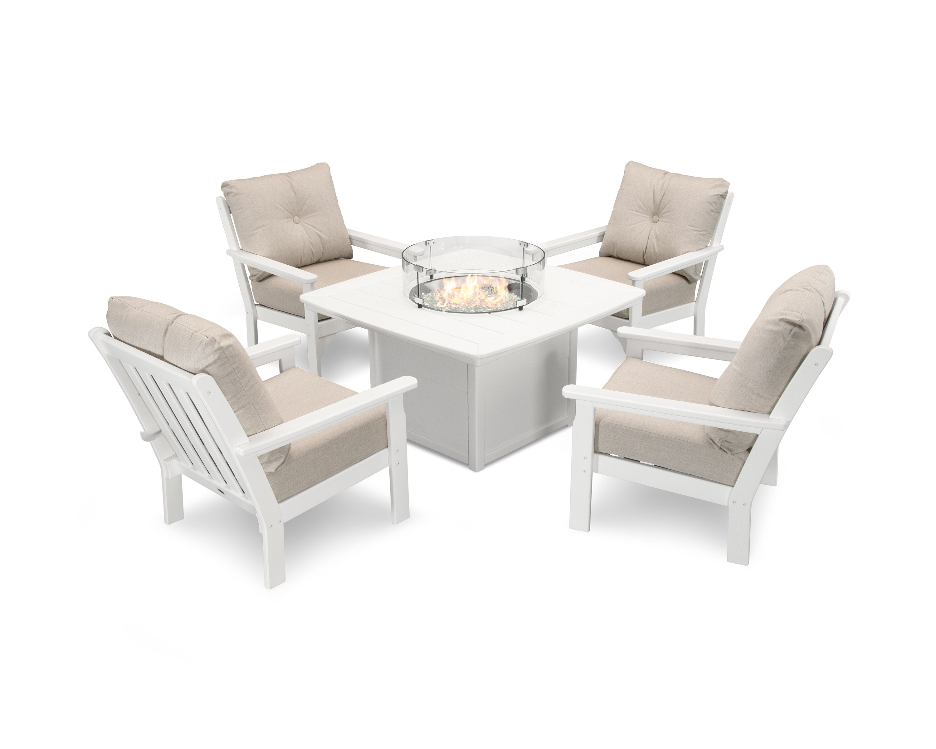 Vineyard 5-Piece Conversation Set with Fire Pit Table in White / Cast Ash