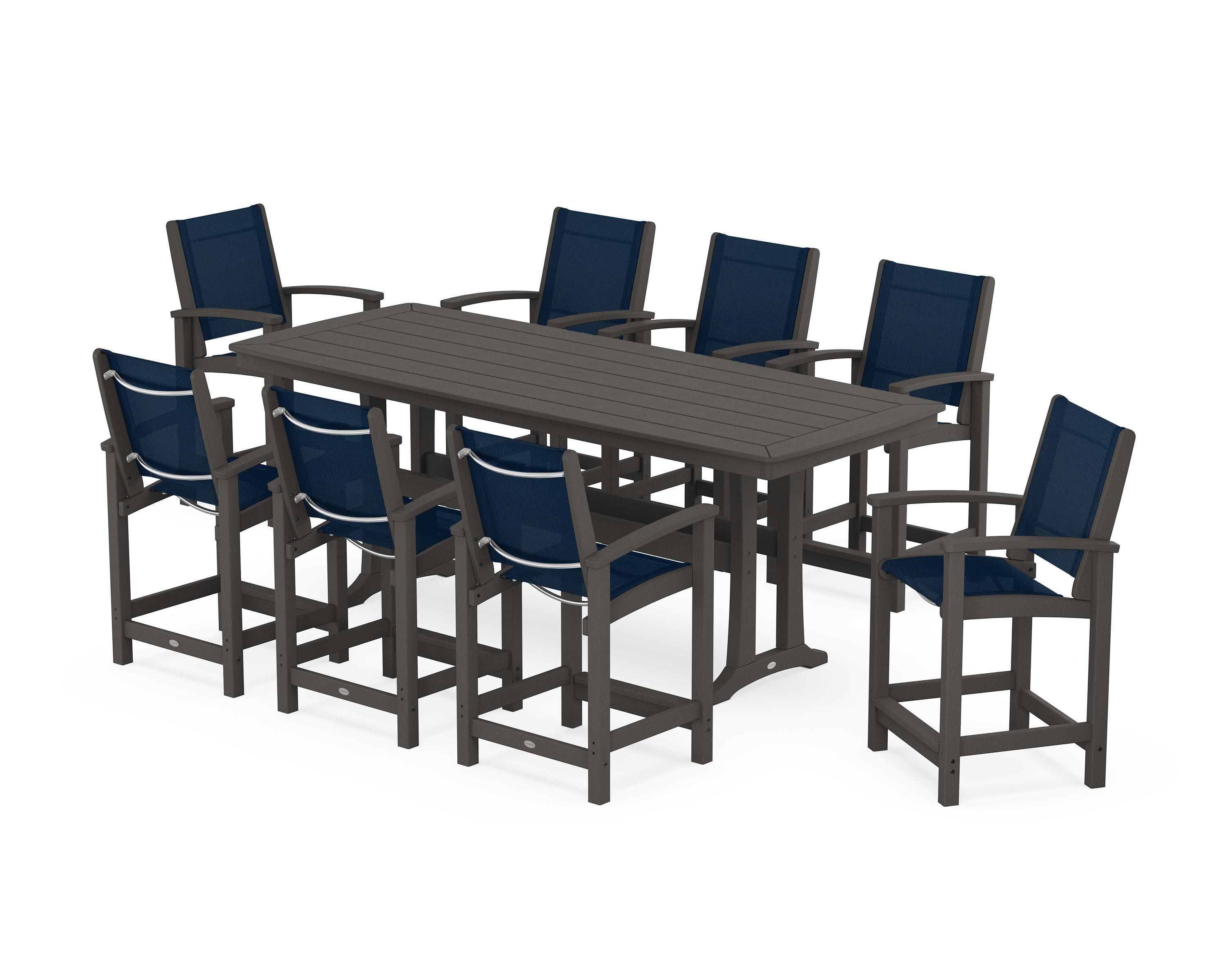 Coastal 9-Piece Counter Set with Trestle Legs in Vintage Coffee / Navy Blue Sling