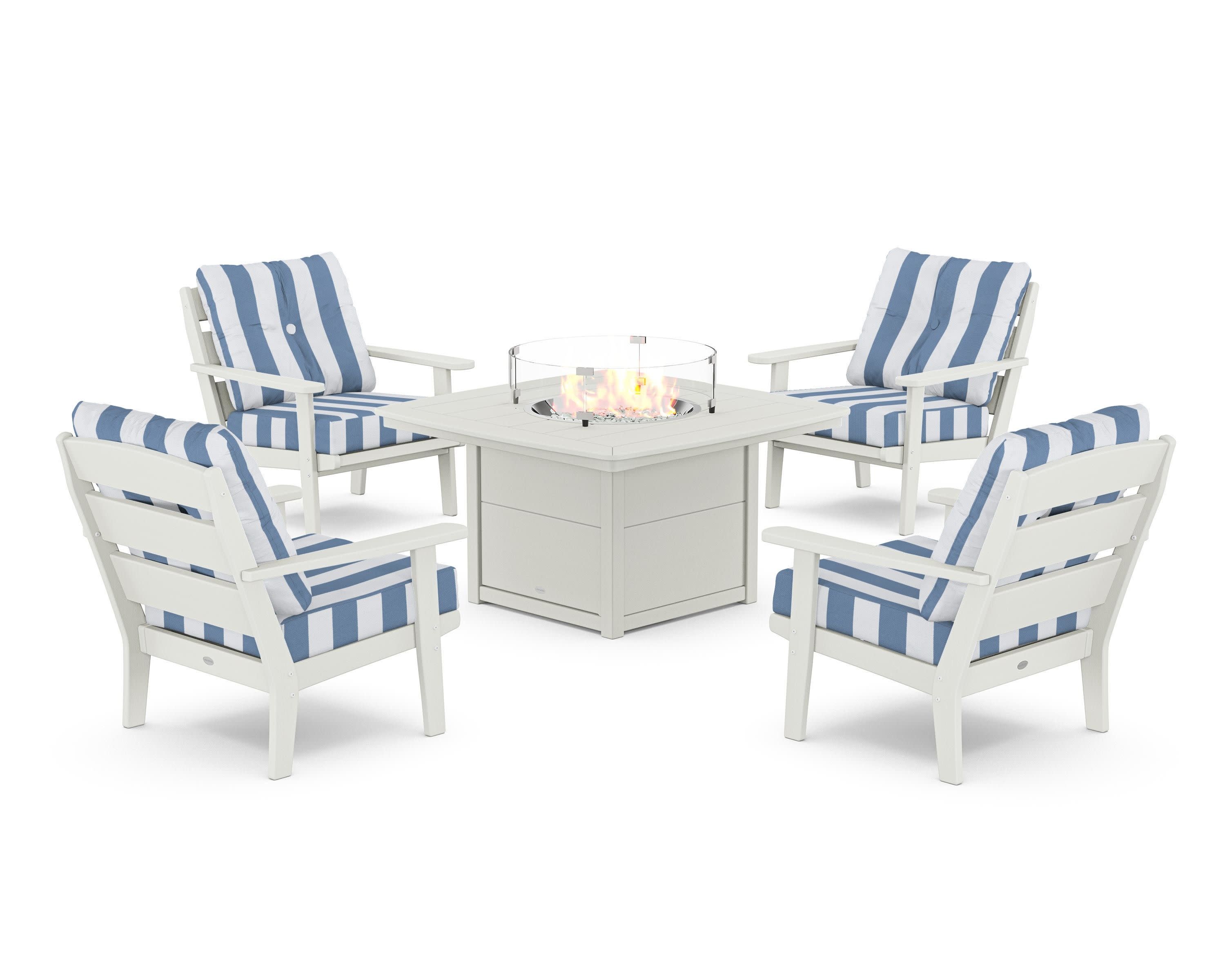 Lakeside 5-Piece Deep Seating Set with Nautical Fire Pit Table in Vintage White / Cabana Stripe Sky Blue