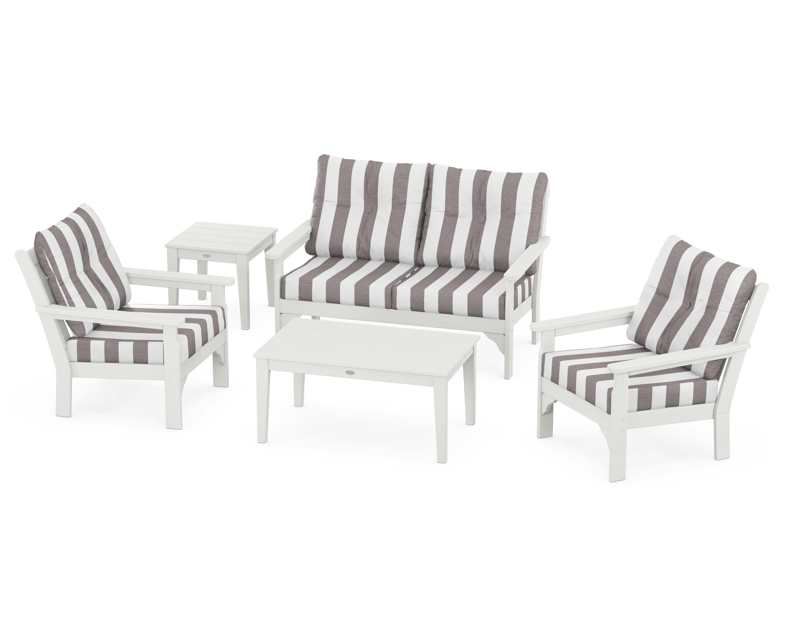 Vineyard 5-Piece Deep Seating Set in Vintage White / Cabana Stripe Grey Mist