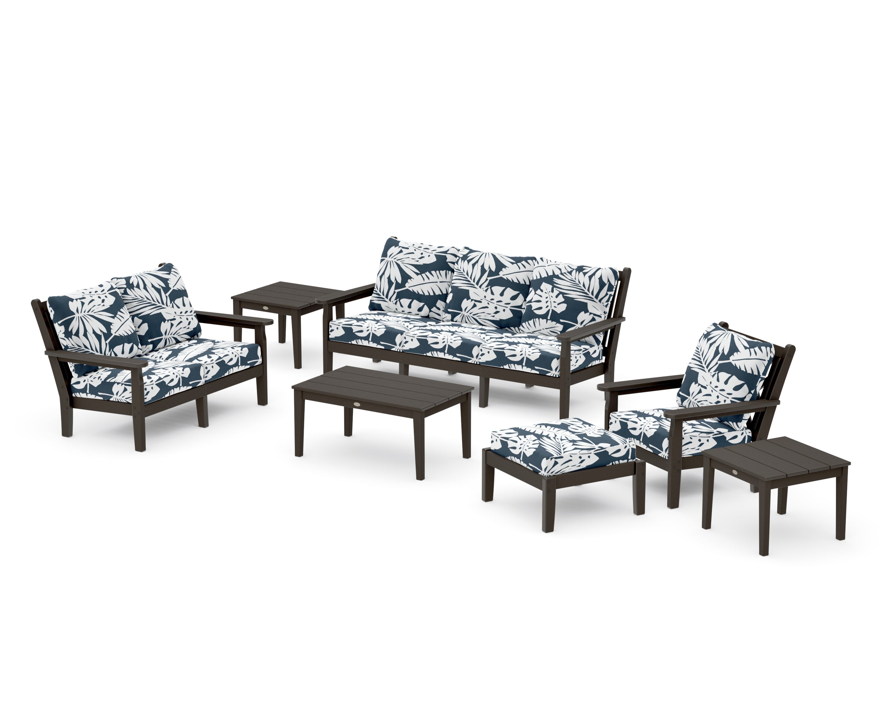 Chippendale 7-Piece Deep Seating Set in Vintage Coffee / Leaf Marine Indigo