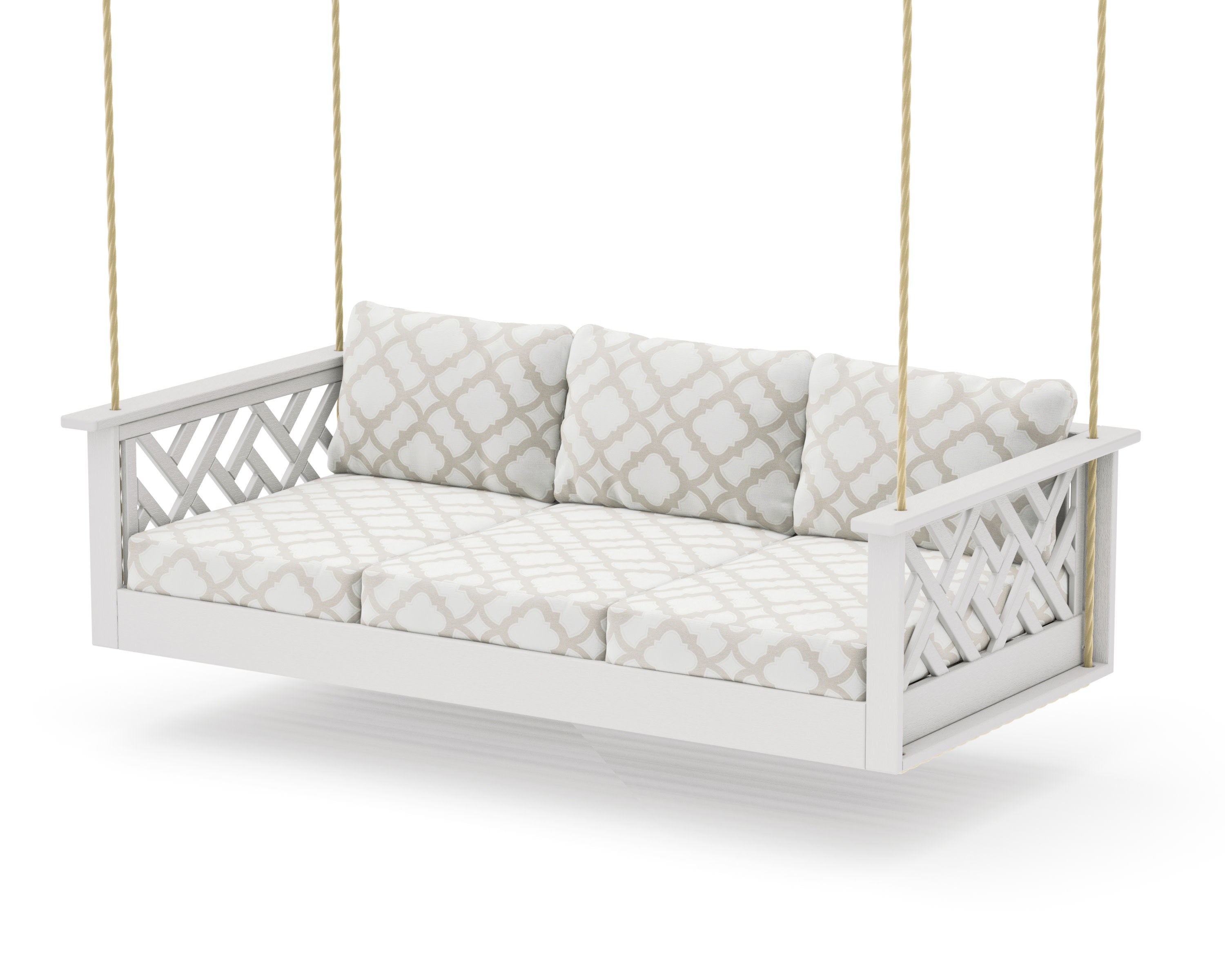 Chippendale Daybed Swing in Vintage White / Trellis Dune Burlap