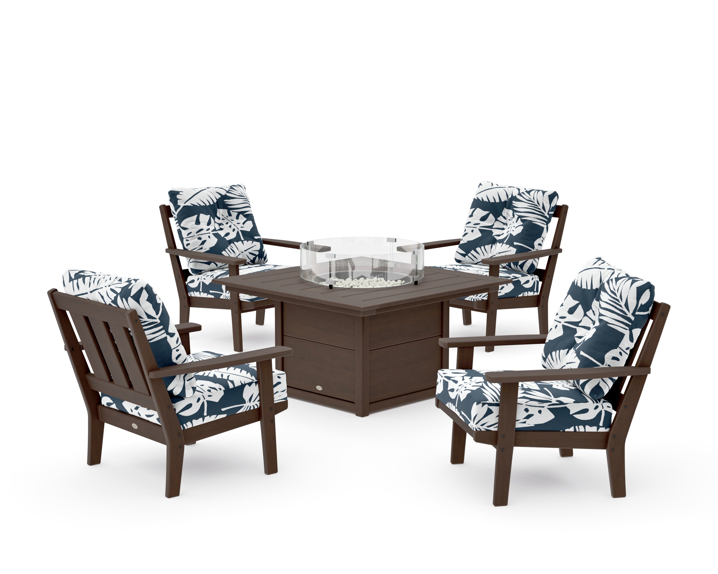 Oxford 5-Piece Deep Seating Set with Fire Pit Table in Kona / Leaf Marine Indigo