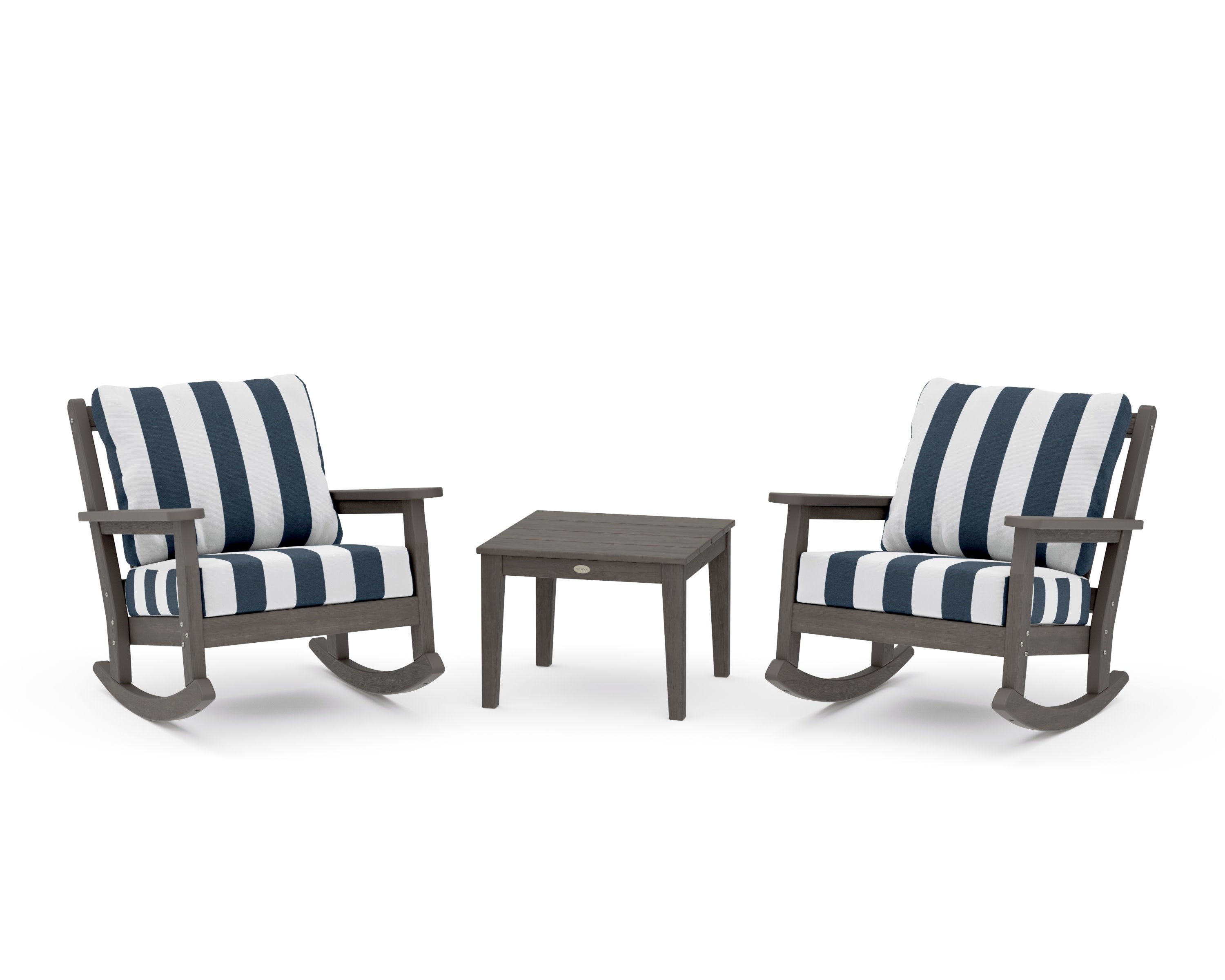 Chippendale 3-Piece Deep Seating Rocker Set in Driftwood / Cabana Stripe Marine Indigo