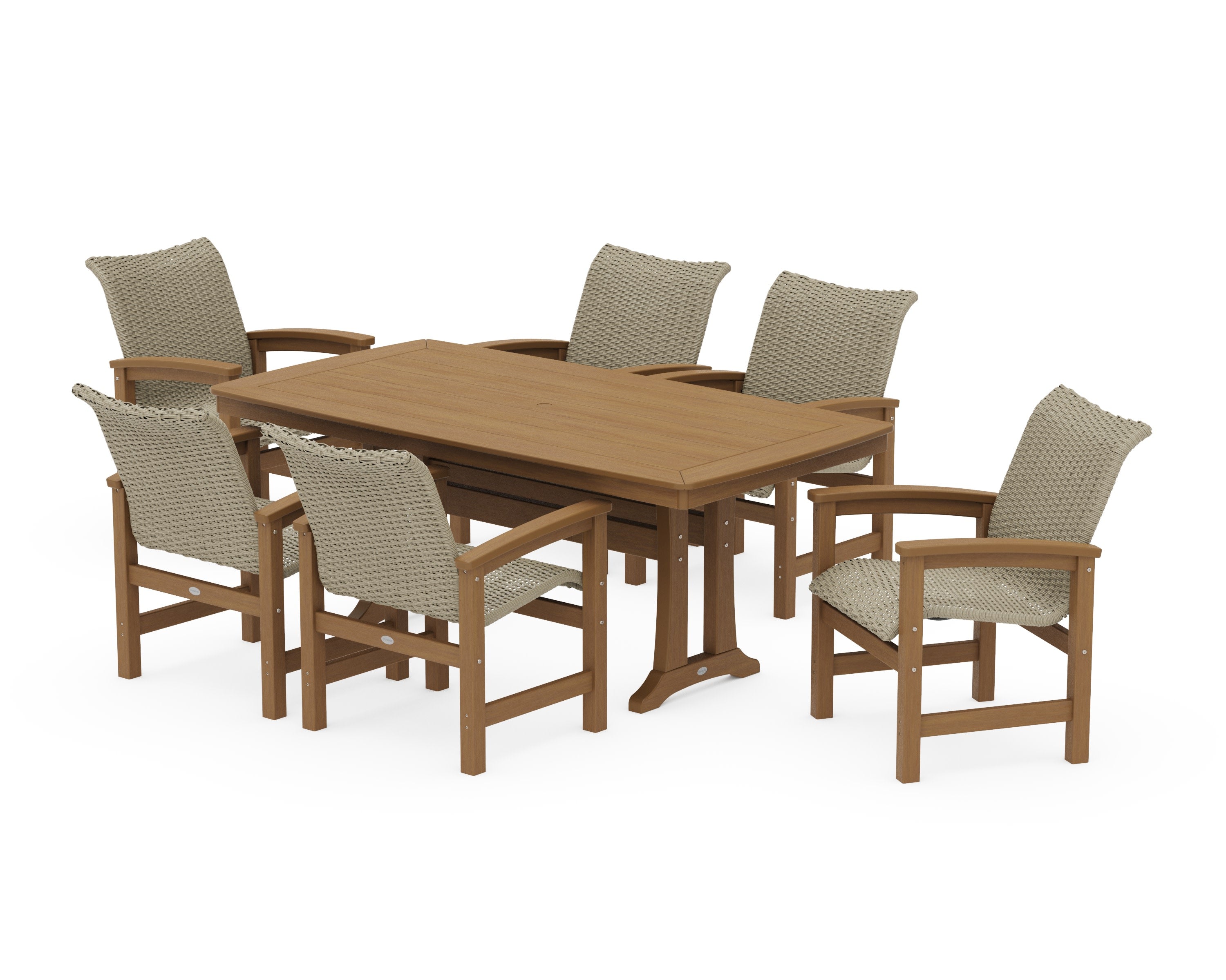 Coastal Woven Arm Chair 7-Piece Dining Set with Trestle Legs in Natural / Dune Grass
