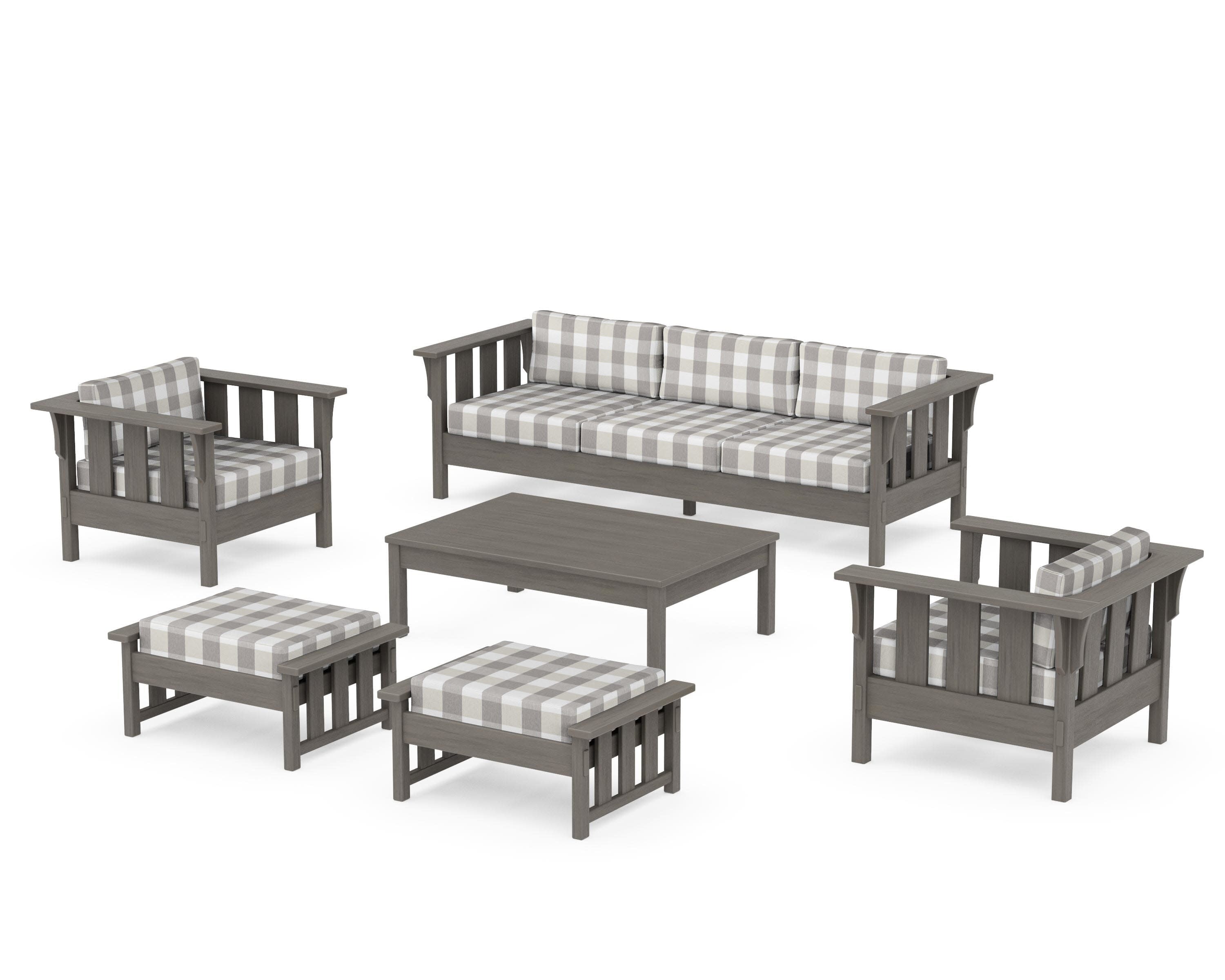 Acadia 6-Piece Lounge Sofa Set in Driftwood / Buffalo Plaid Grey Mist