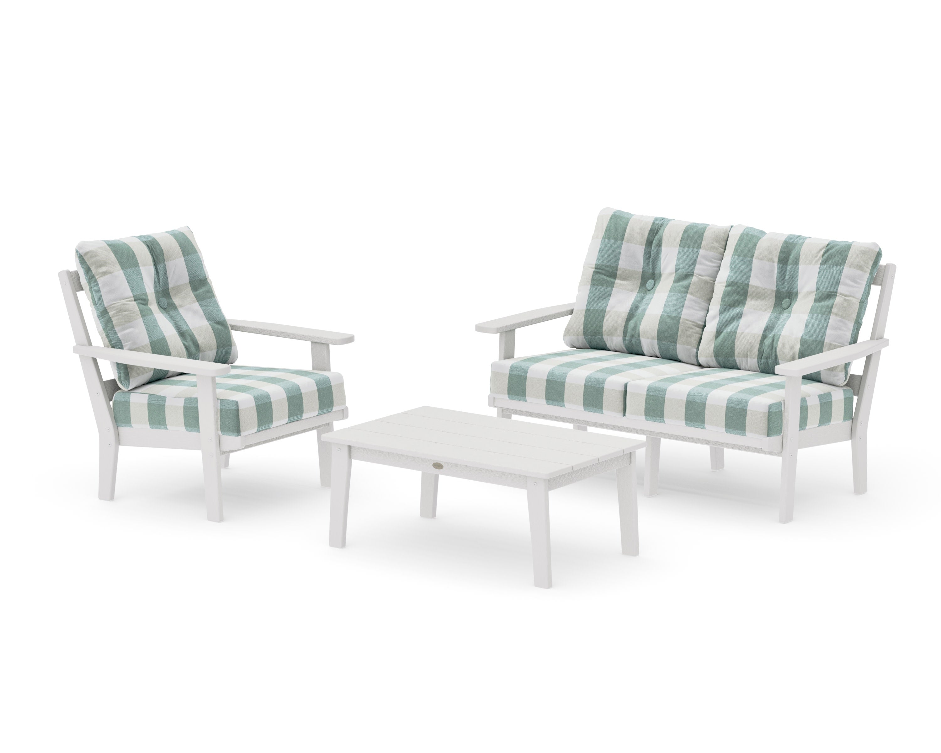 Oxford 3-Piece Deep Seating Set with Loveseat in Vintage White / Buffalo Plaid Glacier Spa