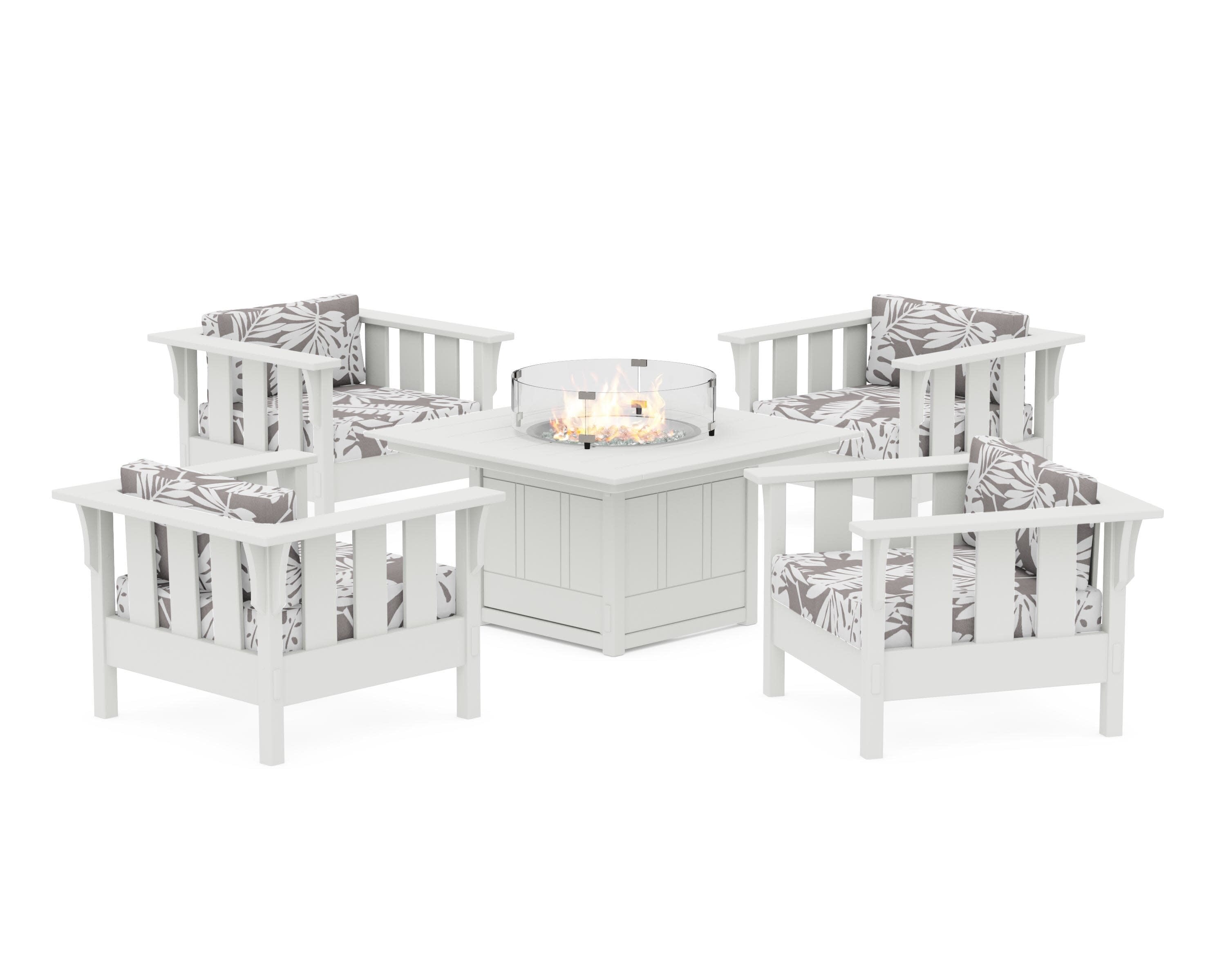 Acadia 5-Piece Deep Seating Set with Fire Pit Table in Vintage White / Leaf Grey Mist
