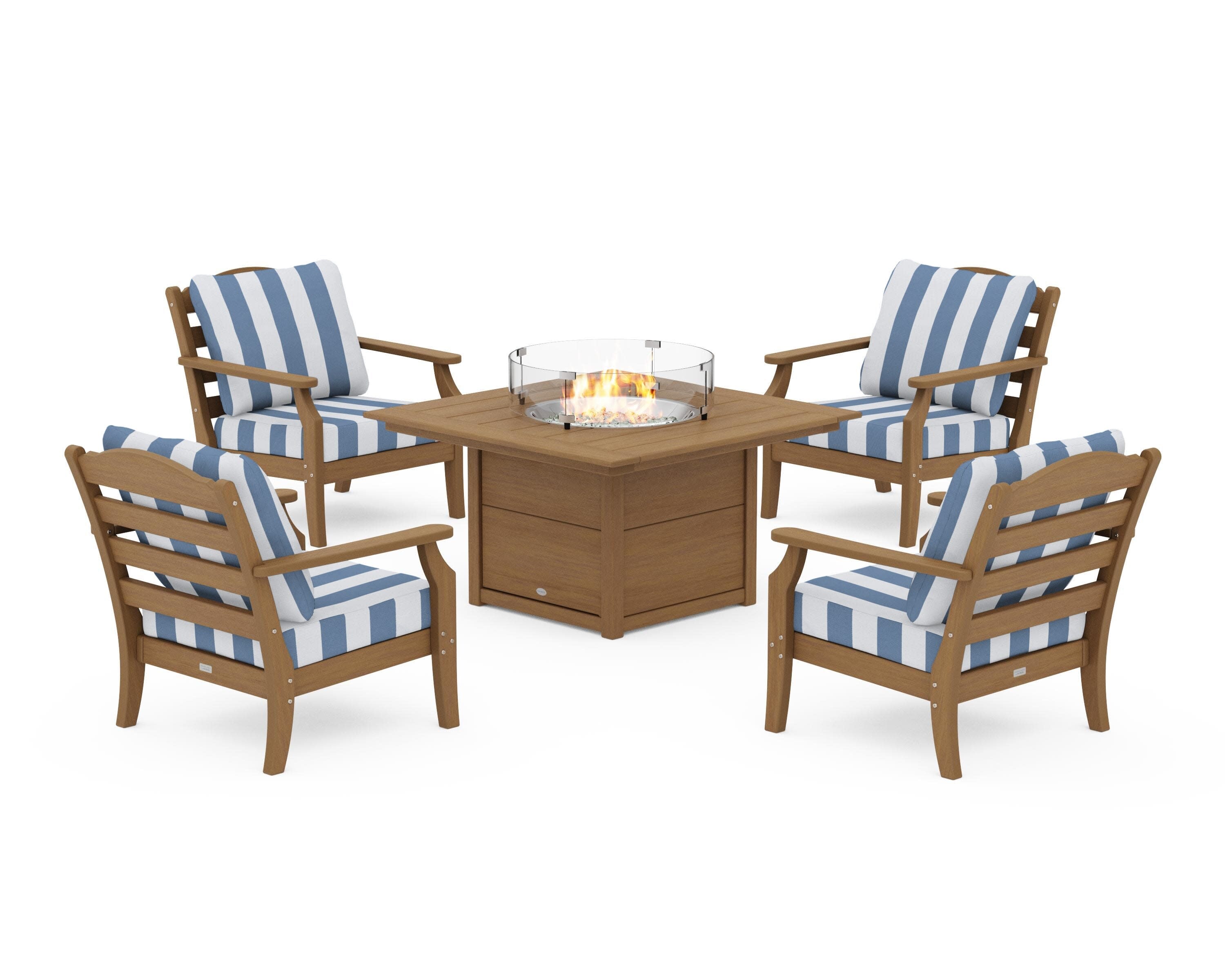 Savannah 5-Piece Deep Seating Set with Fire Pit Table in Natural / Cabana Stripe Sky Blue