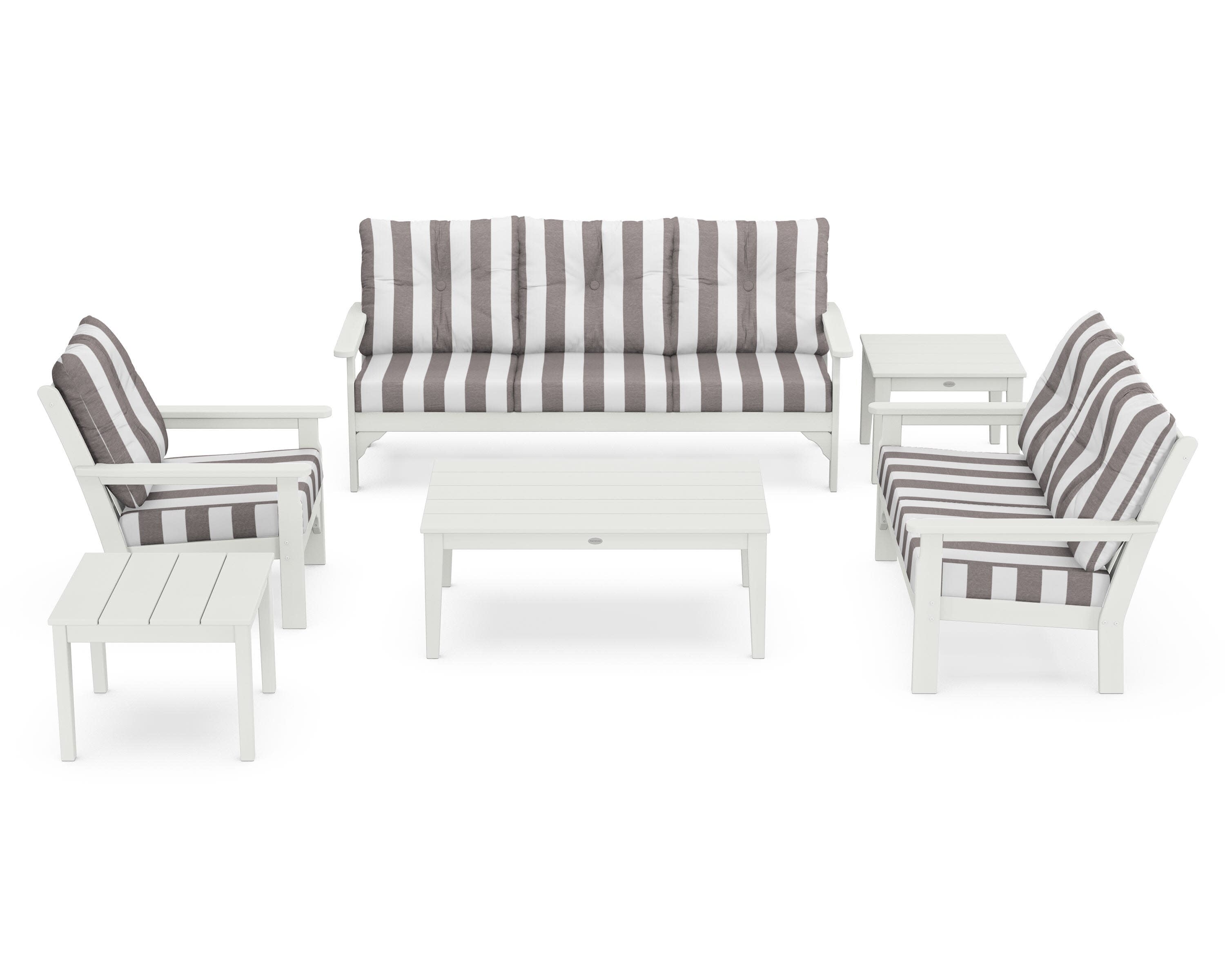 Vineyard 6-Piece Deep Seating Set in Vintage White / Cabana Stripe Grey Mist