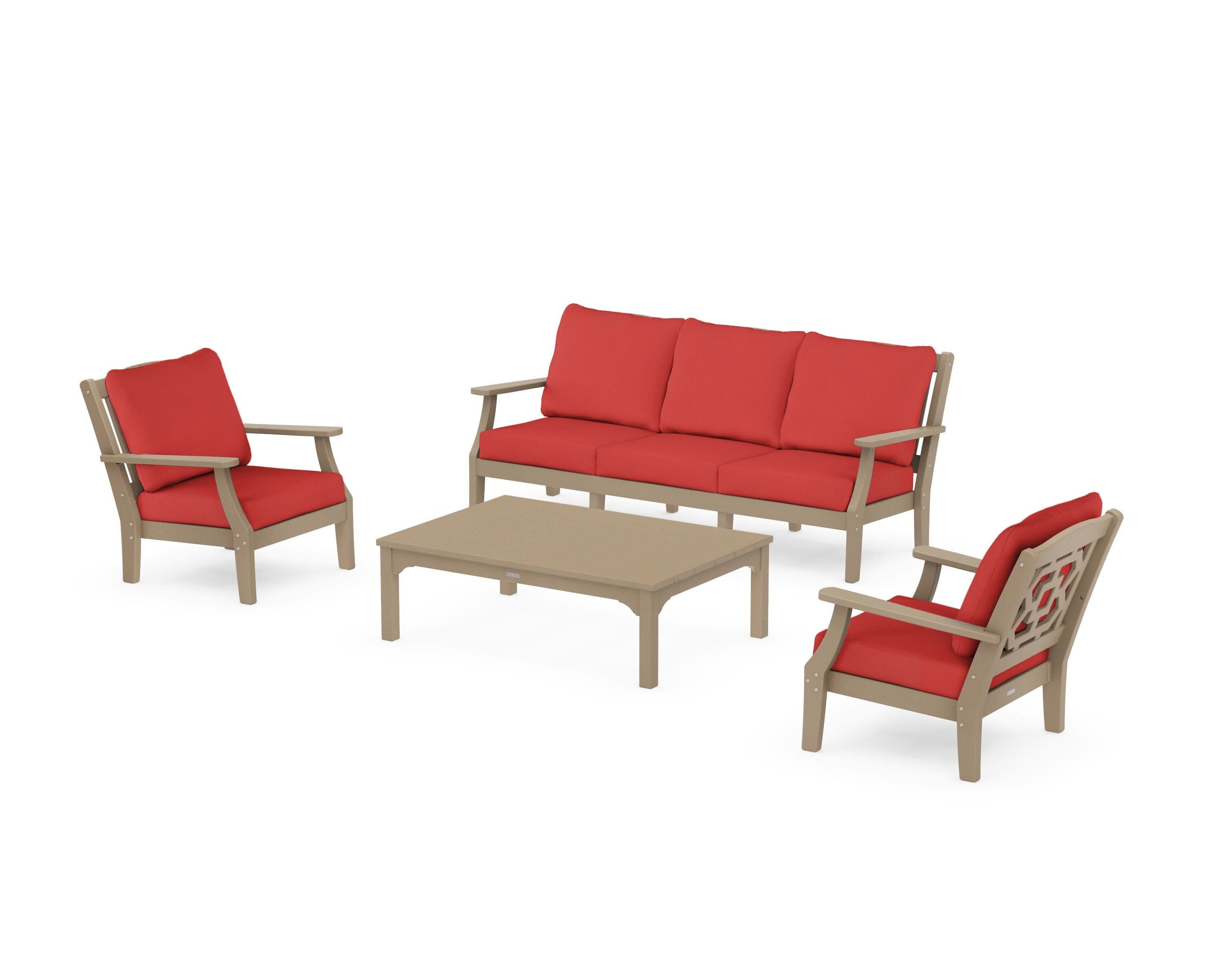 Chinoiserie 4-Piece Deep Seating Set with Sofa in Vintage Sahara / Crimson Linen