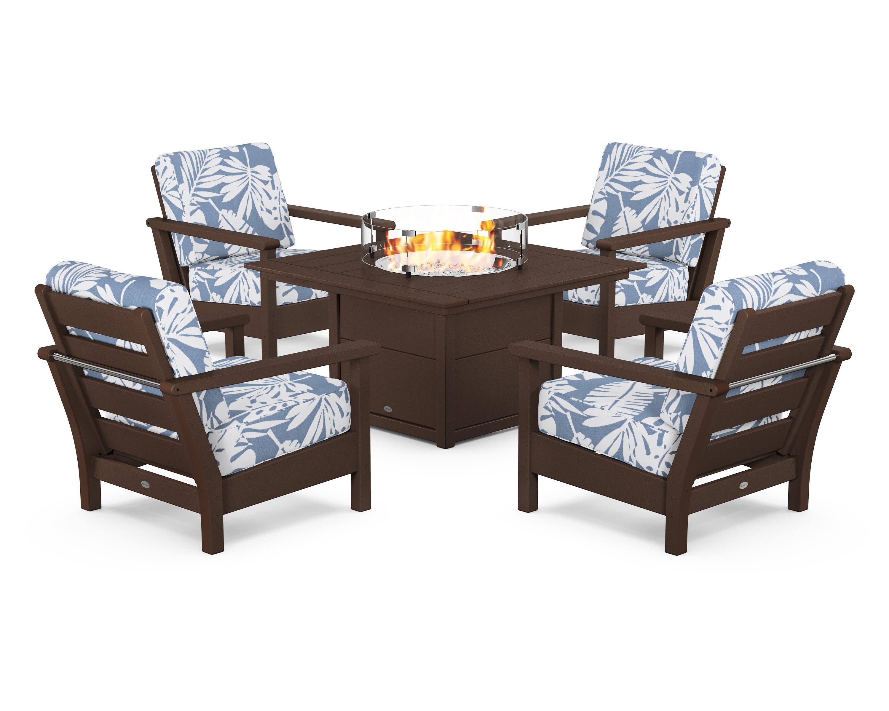 Harbour 5-Piece Conversation Set with Fire Pit Table in Mahogany / Leaf Sky Blue