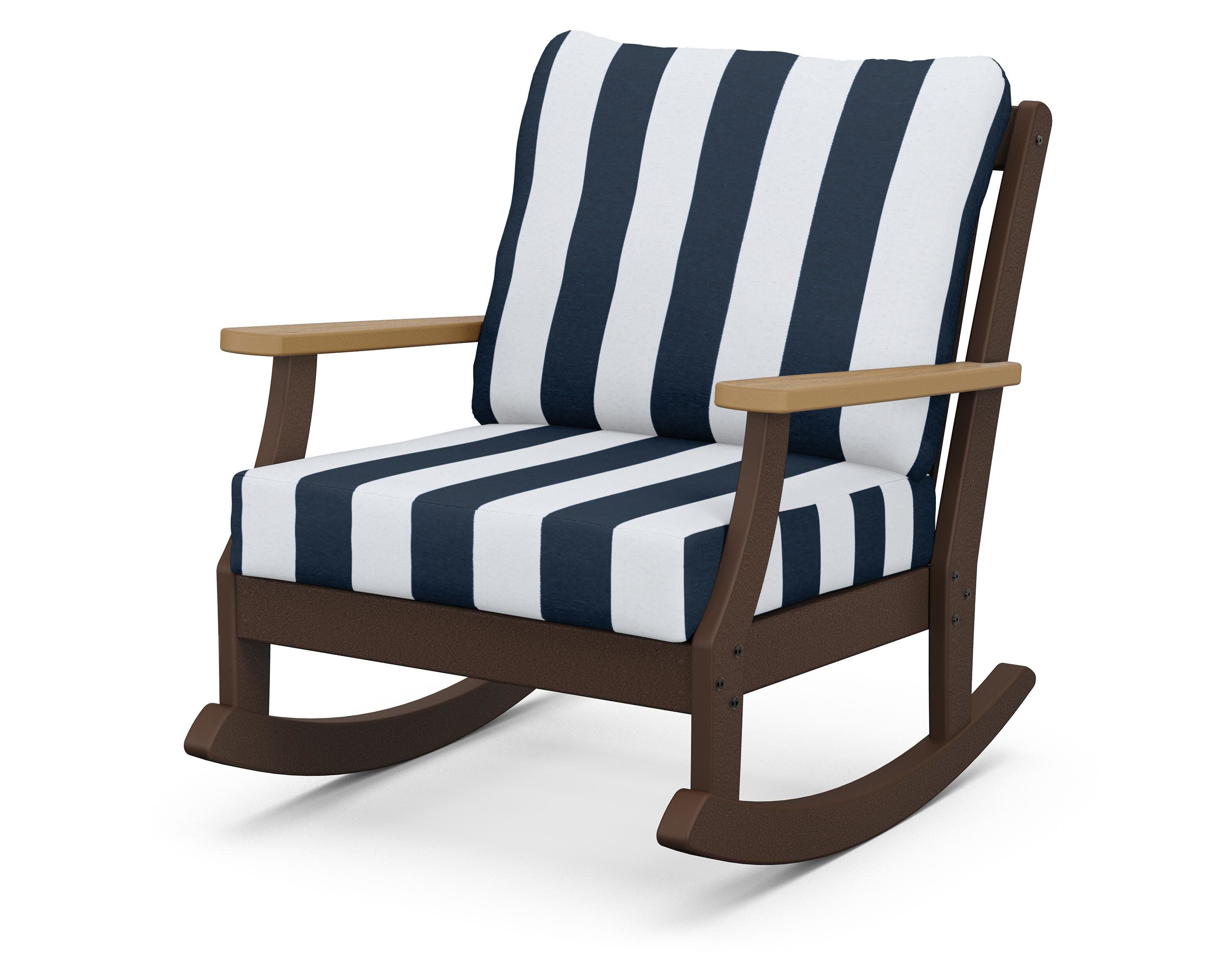 Braxton Deep Seating Rocking Chair in Mahogany / Natural / Cabana Stripe Marine Indigo