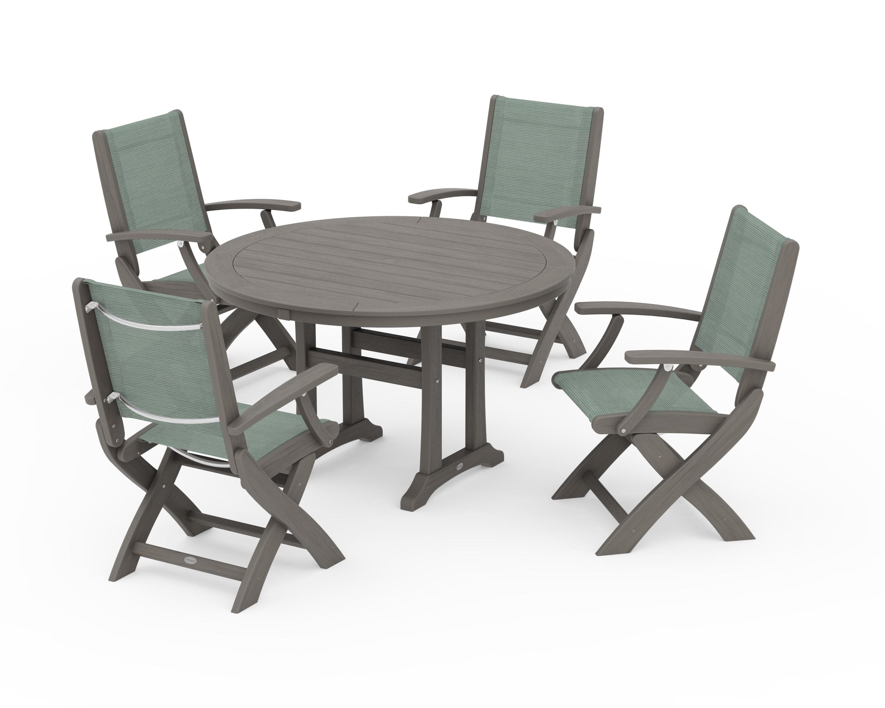 Coastal Folding Chair 5-Piece Round Dining Set with Trestle Legs in Driftwood / Dupioni Sea Mist Sling