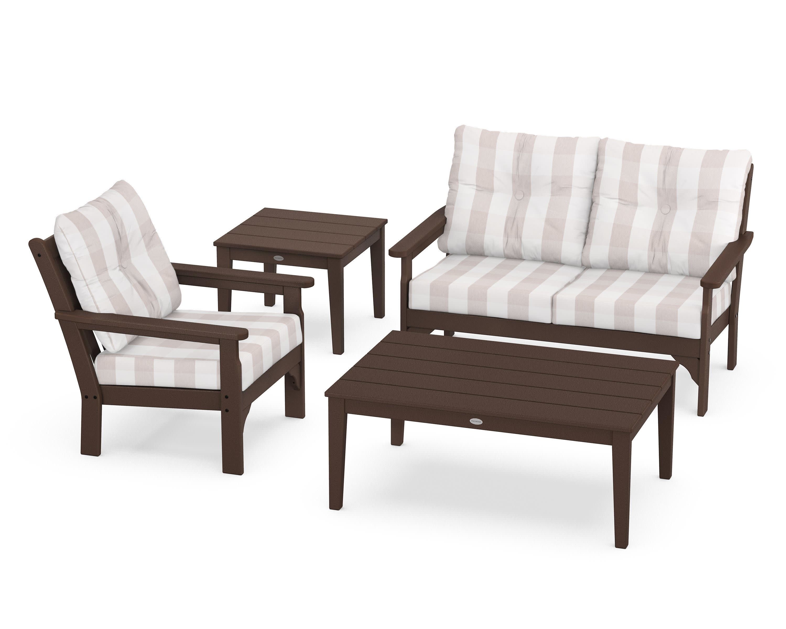 Vineyard 4-Piece Deep Seating Set in Mahogany / Buffalo Plaid Dune Burlap