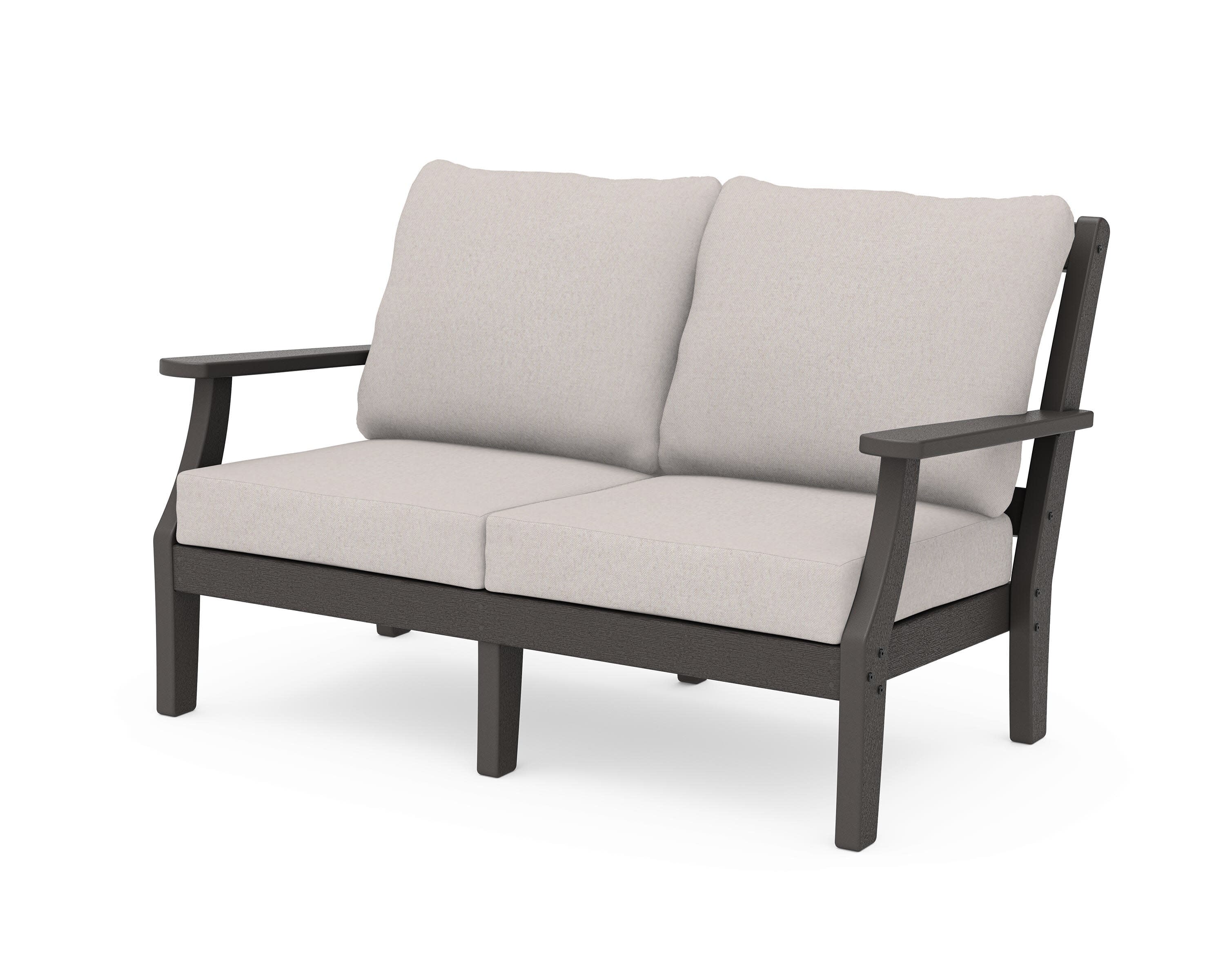 Chinoiserie Deep Seating Loveseat in Vintage Coffee / Dune Burlap