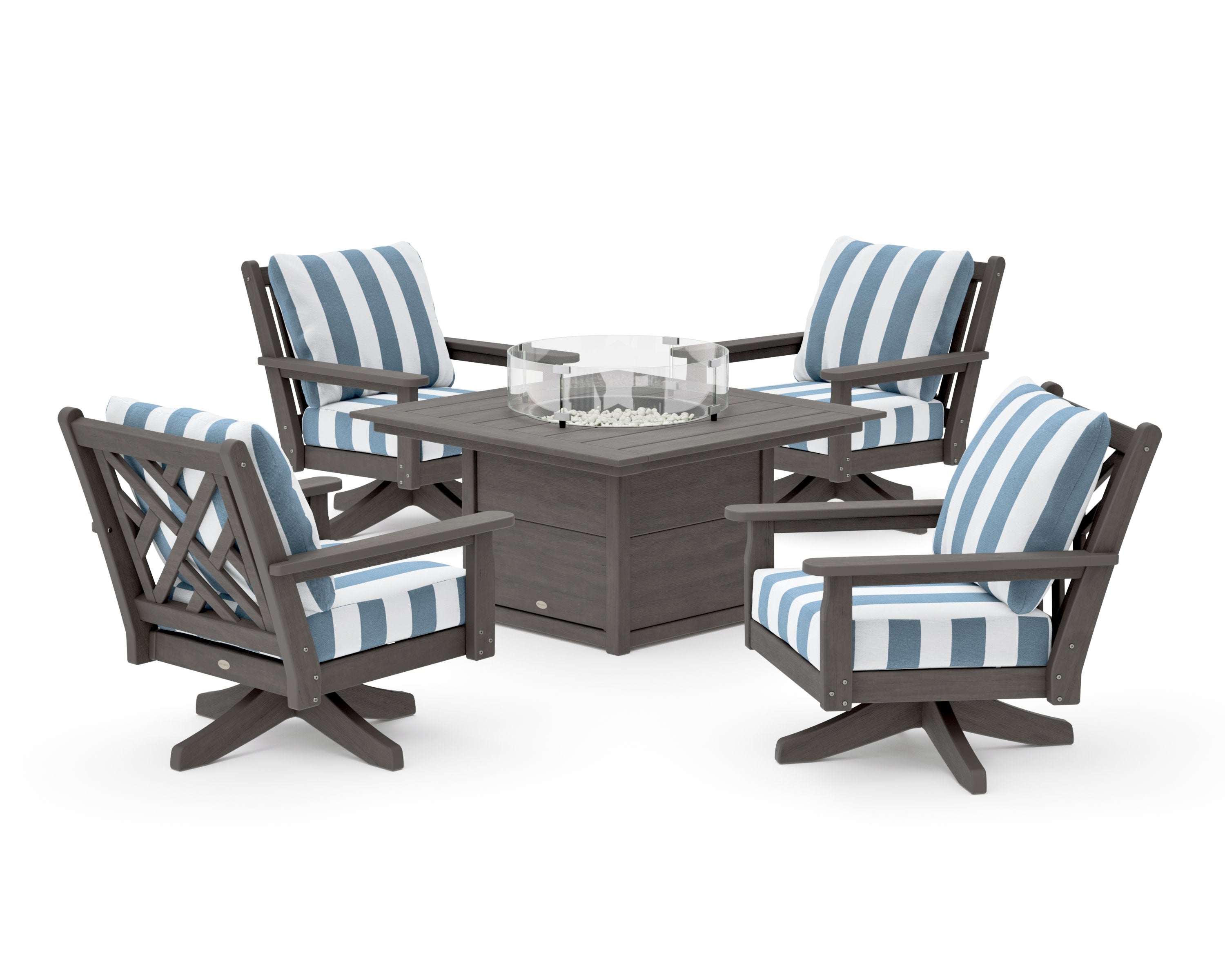 Chippendale 5-Piece Deep Seating Swivel Conversation Set with Fire Pit Table in Driftwood / Cabana Stripe Sky Blue