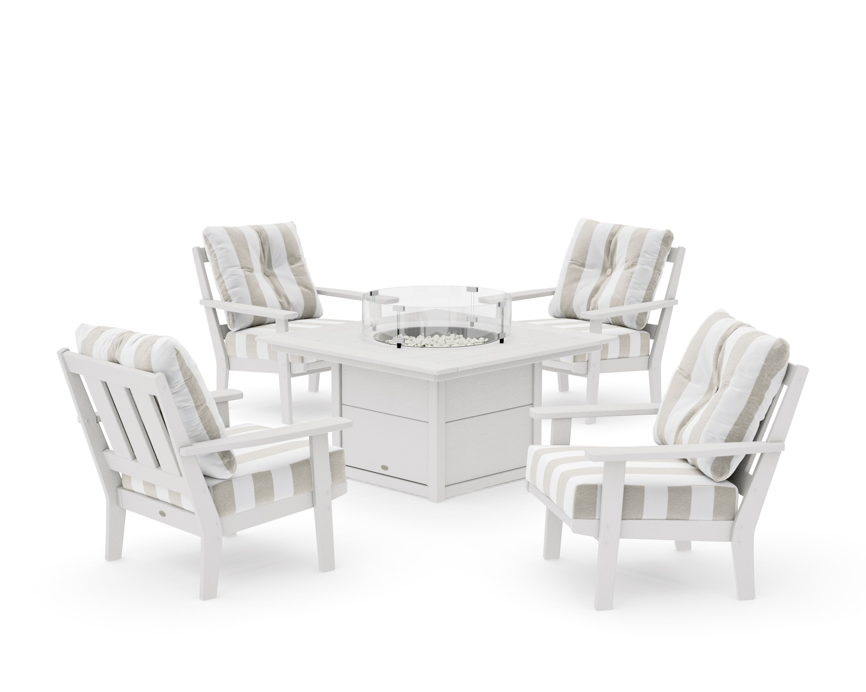 Oxford 5-Piece Deep Seating Set with Fire Pit Table in Vintage White / Cabana Stripe Dune Burlap