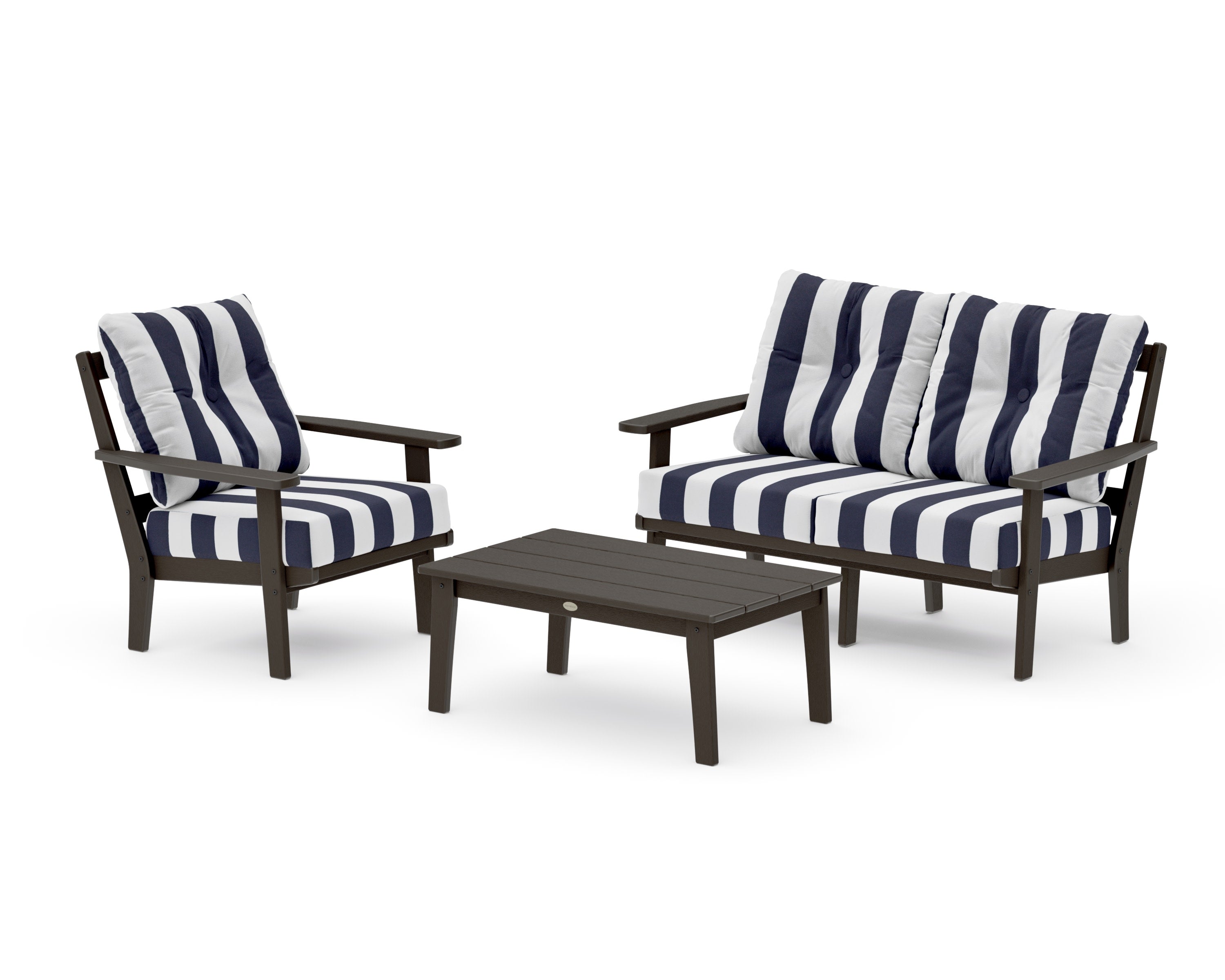 Oxford 3-Piece Deep Seating Set with Loveseat in Vintage Coffee / Cabana Stripe Navy