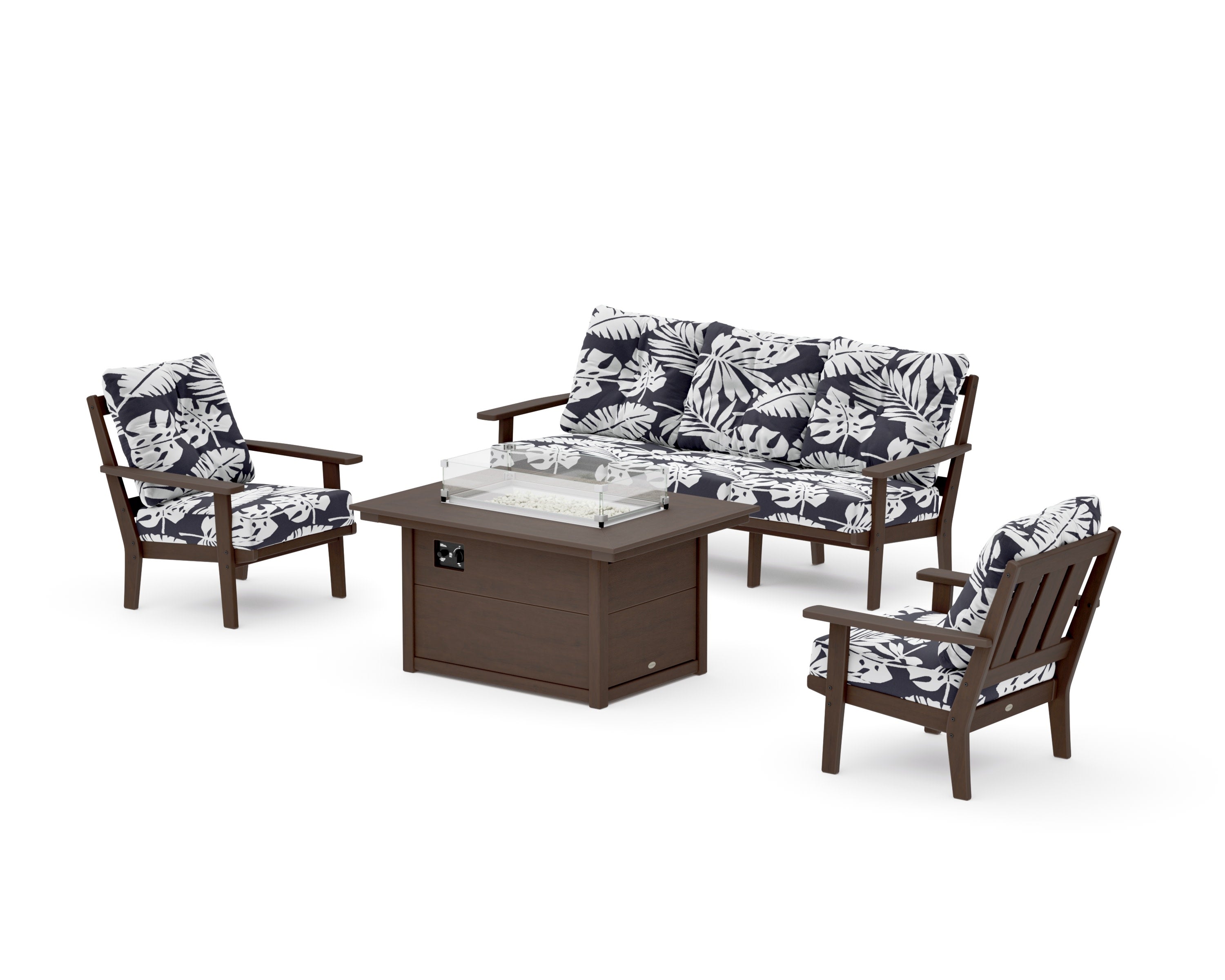 Oxford Deep Seating Fire Pit Table Set in Kona / Leaf Navy