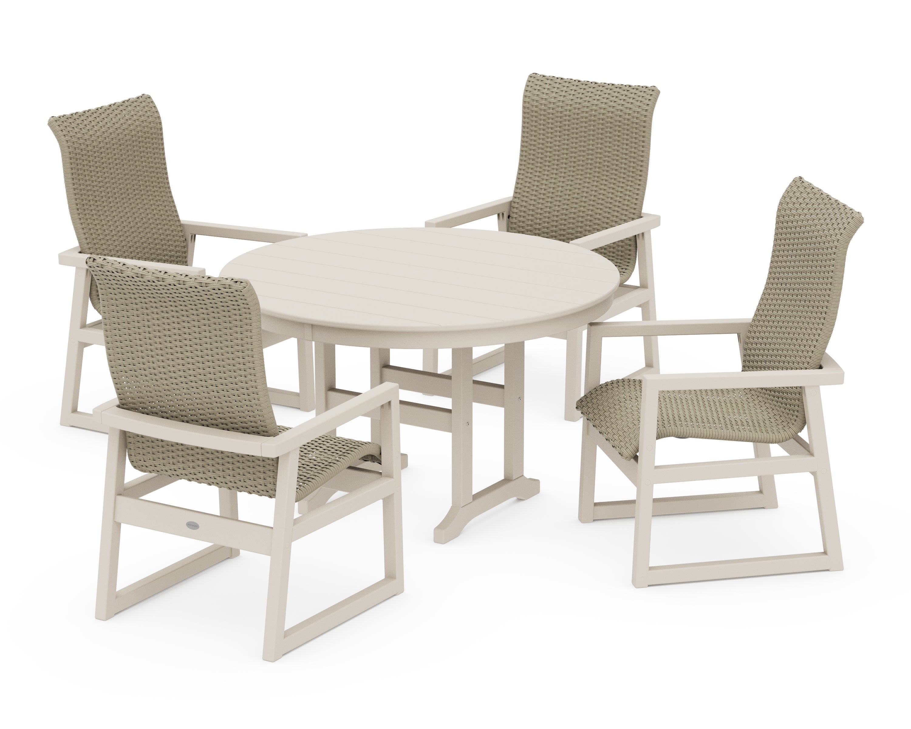 EDGE Woven Highback 5-Piece Round Farmhouse Dining Set in Sand / Dune Grass