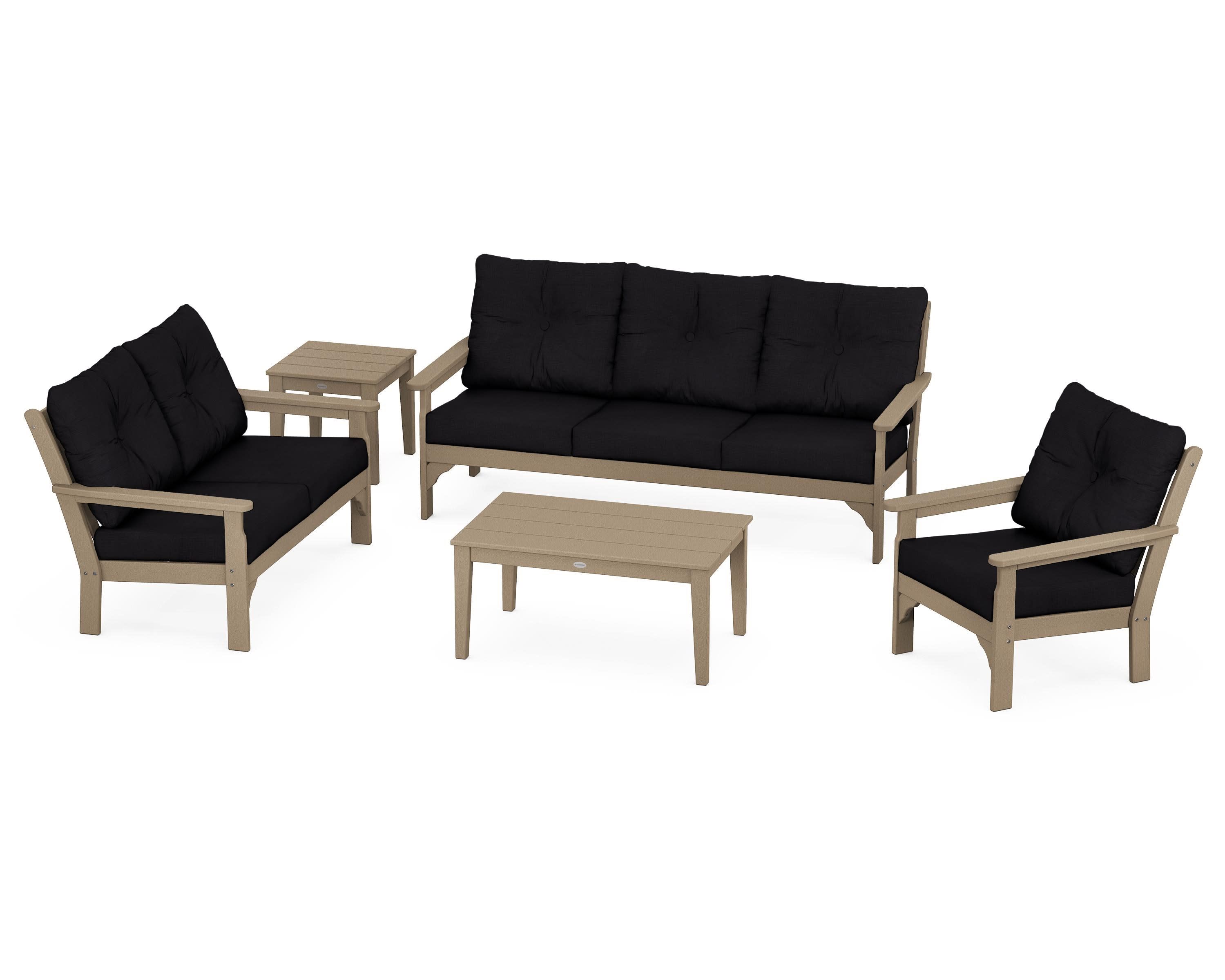 Vineyard 5 Piece Deep Seating Set in Vintage Sahara / Midnight Linen