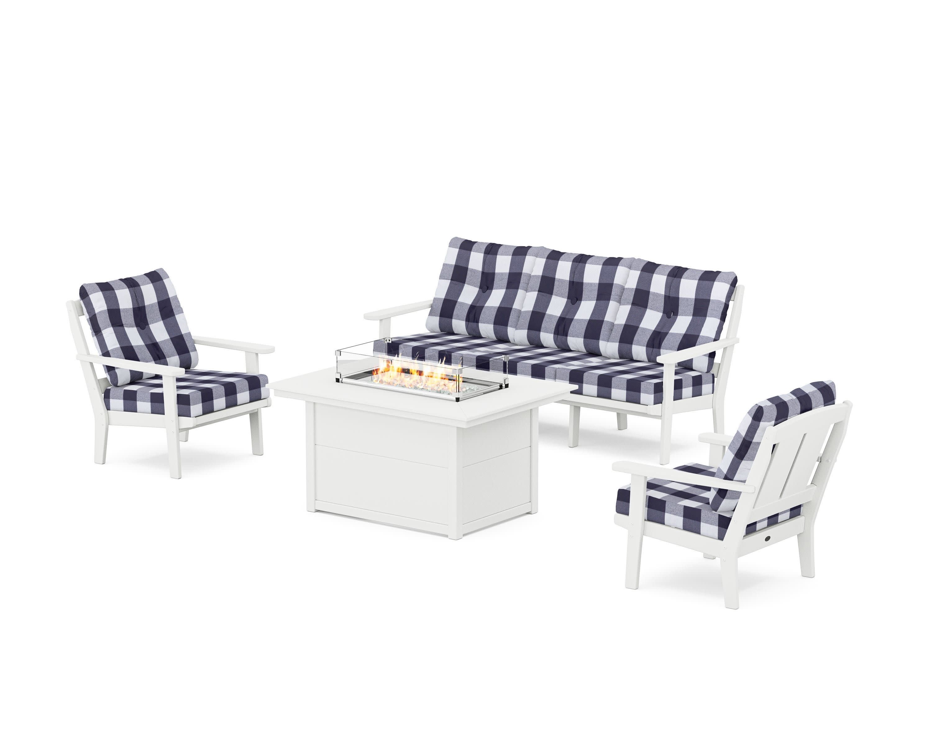 Mission Deep Seating Fire Pit Table Set in White / Buffalo Plaid Navy