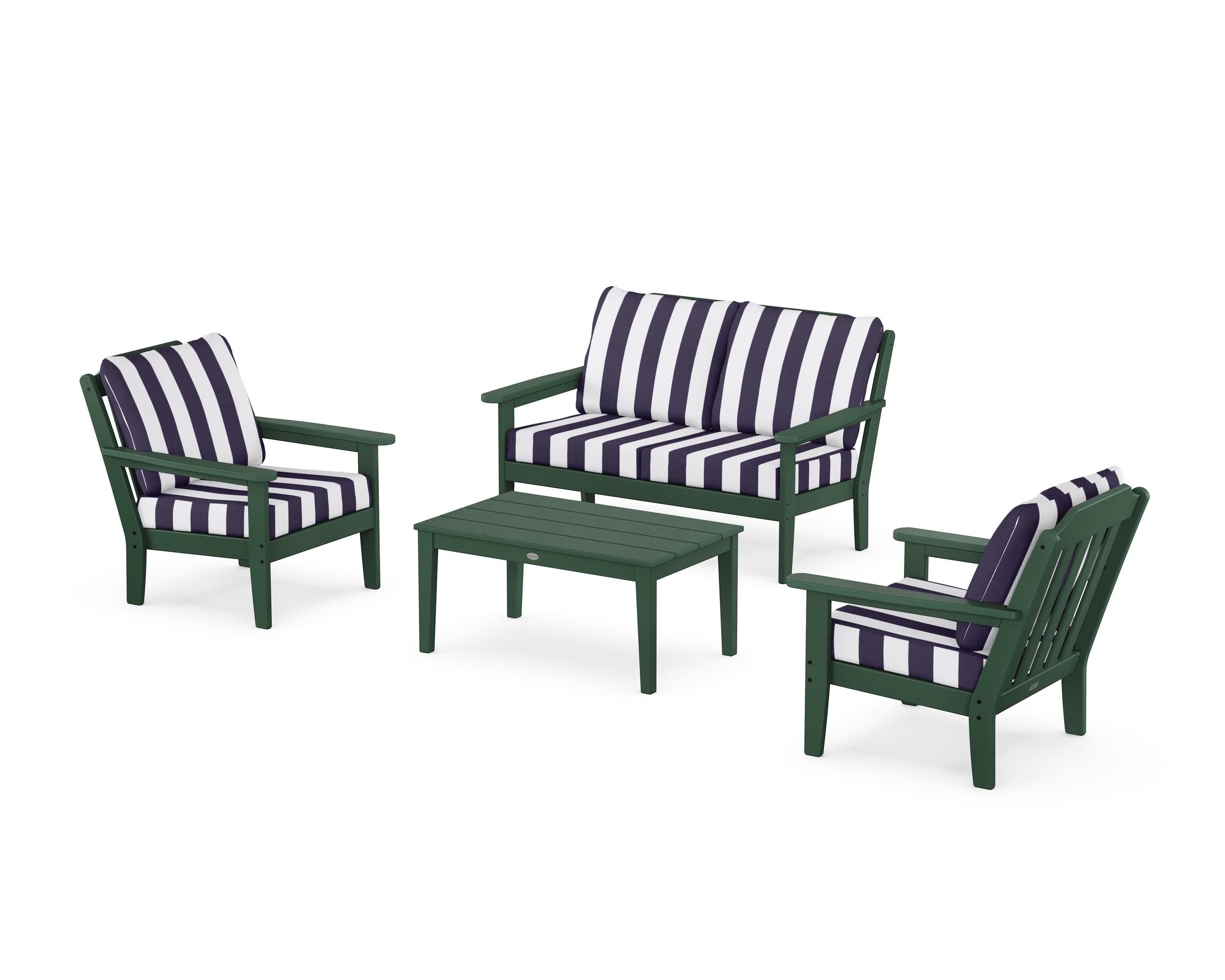 Cottage 4-Piece Deep Seating Set with Loveseat in Green / Cabana Stripe Navy