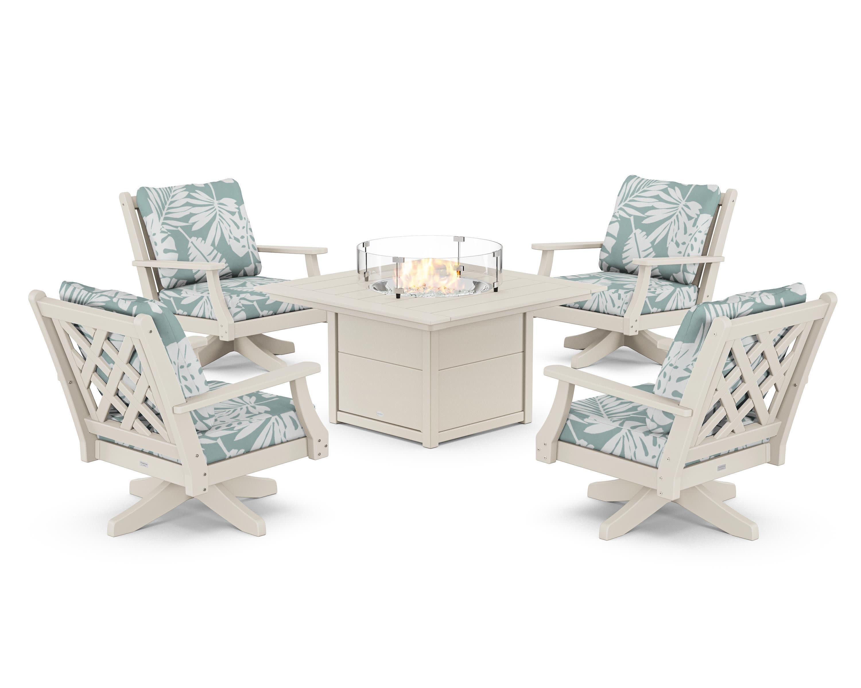 Wovendale 5-Piece Deep Seating Swivel Conversation Set with Fire Pit Table in Sand / Leaf Glacier Spa