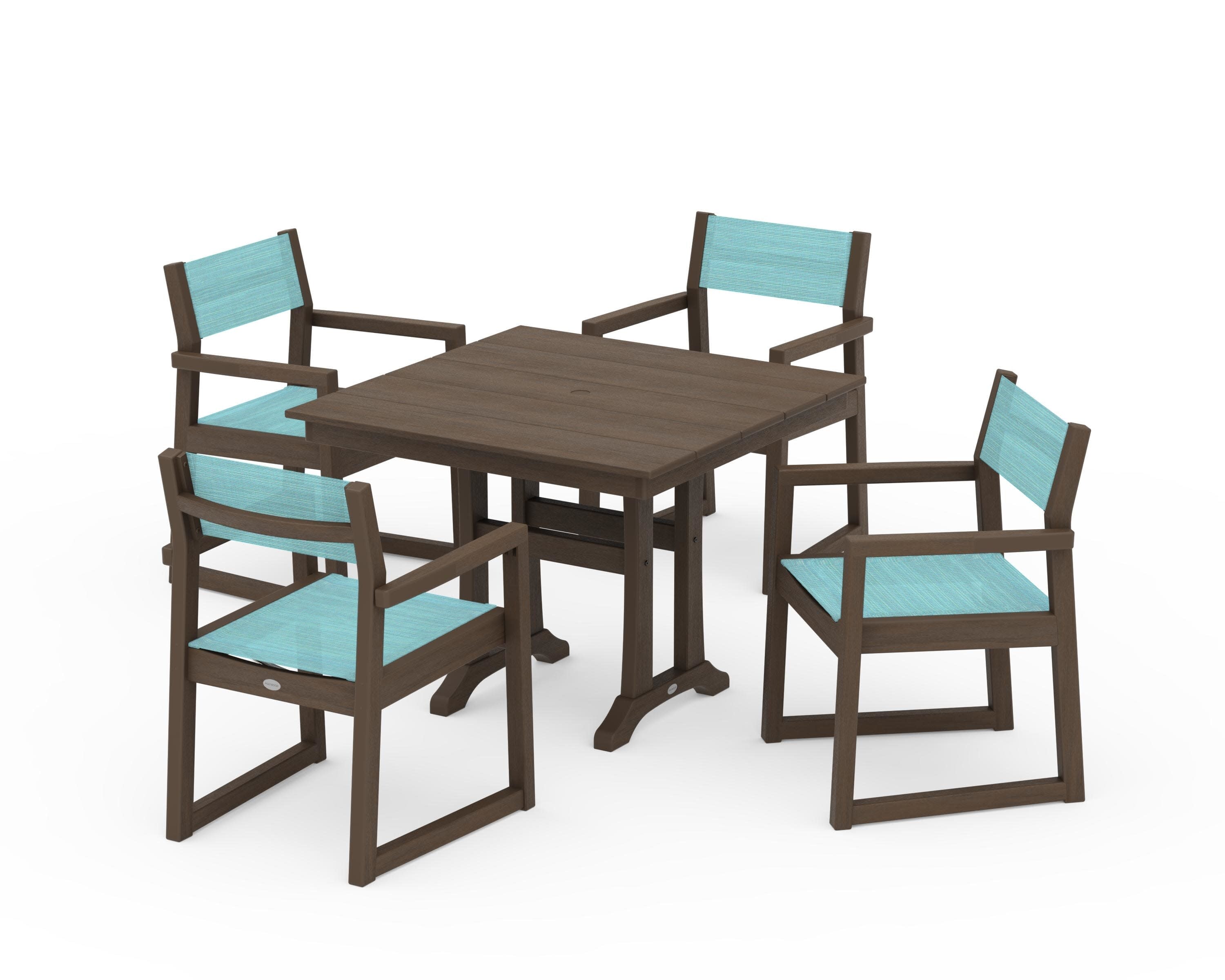EDGE Sling 5-Piece Farmhouse Dining Set with Trestle Legs in Kona / Dupioni Aquamarine Sling