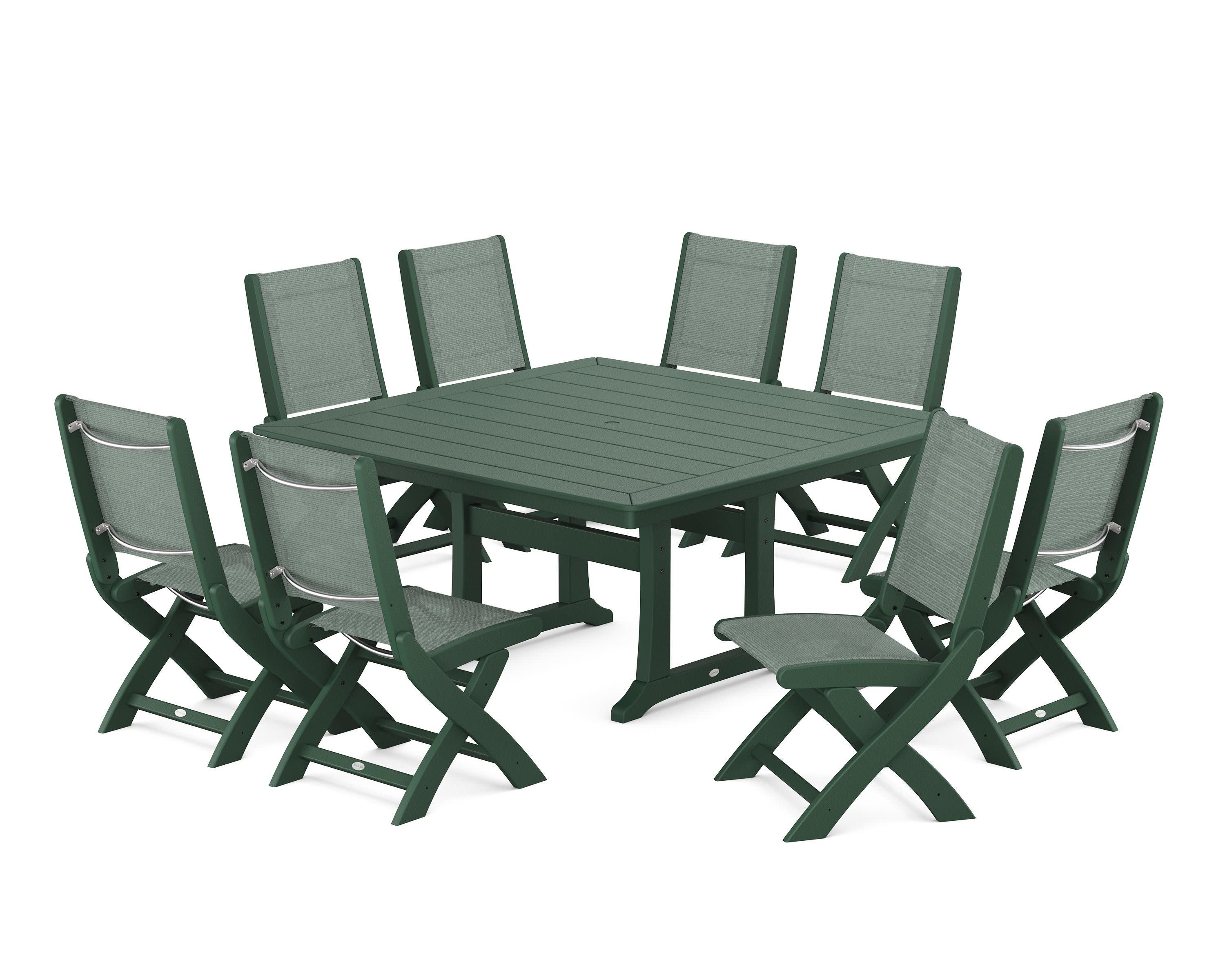 Coastal Folding Side Chair 9-Piece Dining Set with Trestle Legs in Green / Dupioni Sea Mist Sling