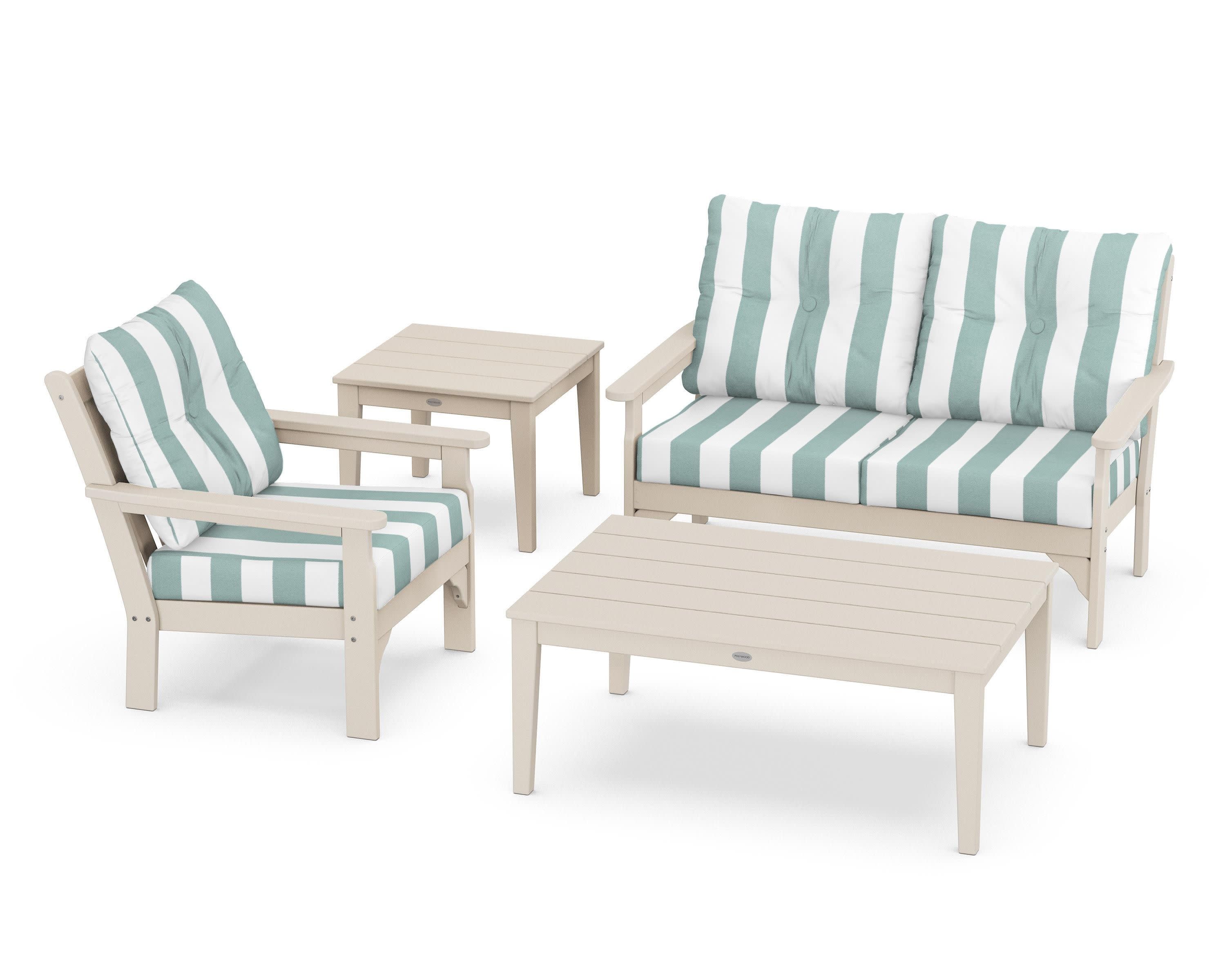 Vineyard 4-Piece Deep Seating Set in Sand / Cabana Stripe Glacier Spa