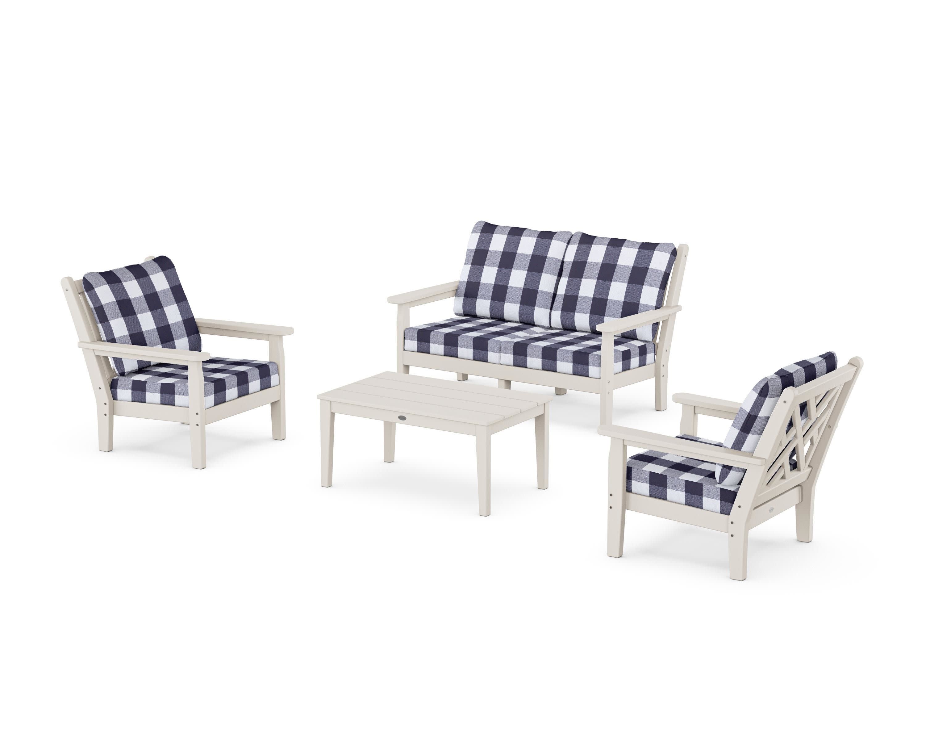 Chippendale 4-Piece Deep Seating Set with Loveseat in Sand / Buffalo Plaid Navy